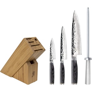 Shun Premier Blonde 5 Piece Starter Block Set, Includes 8″ Chef’s, 4″ Paring, 6.5″ Utility Knives, Honing Steel & Bamboo Knife Block, Handcrafted Japanese Knife Set, Pakkawood Handles(Gray)