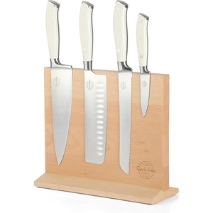Sur La Table Kitchen Essentials 5 Piece German Steel Blade w/Triple Riveted Handle Set on Beechwood Magnetic Block – Linen White(Linen White (5pc Set))