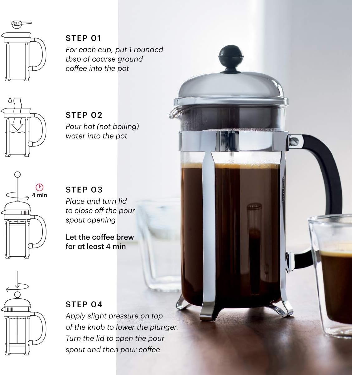 image:imageBodum 17oz Chambord French Press Coffee Maker HighHeat Borosilicate Glass Polished Stainless Steel Made in PortugalWhite