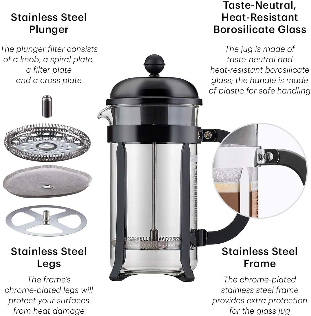 image:imageBodum 17oz Chambord French Press Coffee Maker HighHeat Borosilicate Glass Polished Stainless Steel Made in PortugalWhite