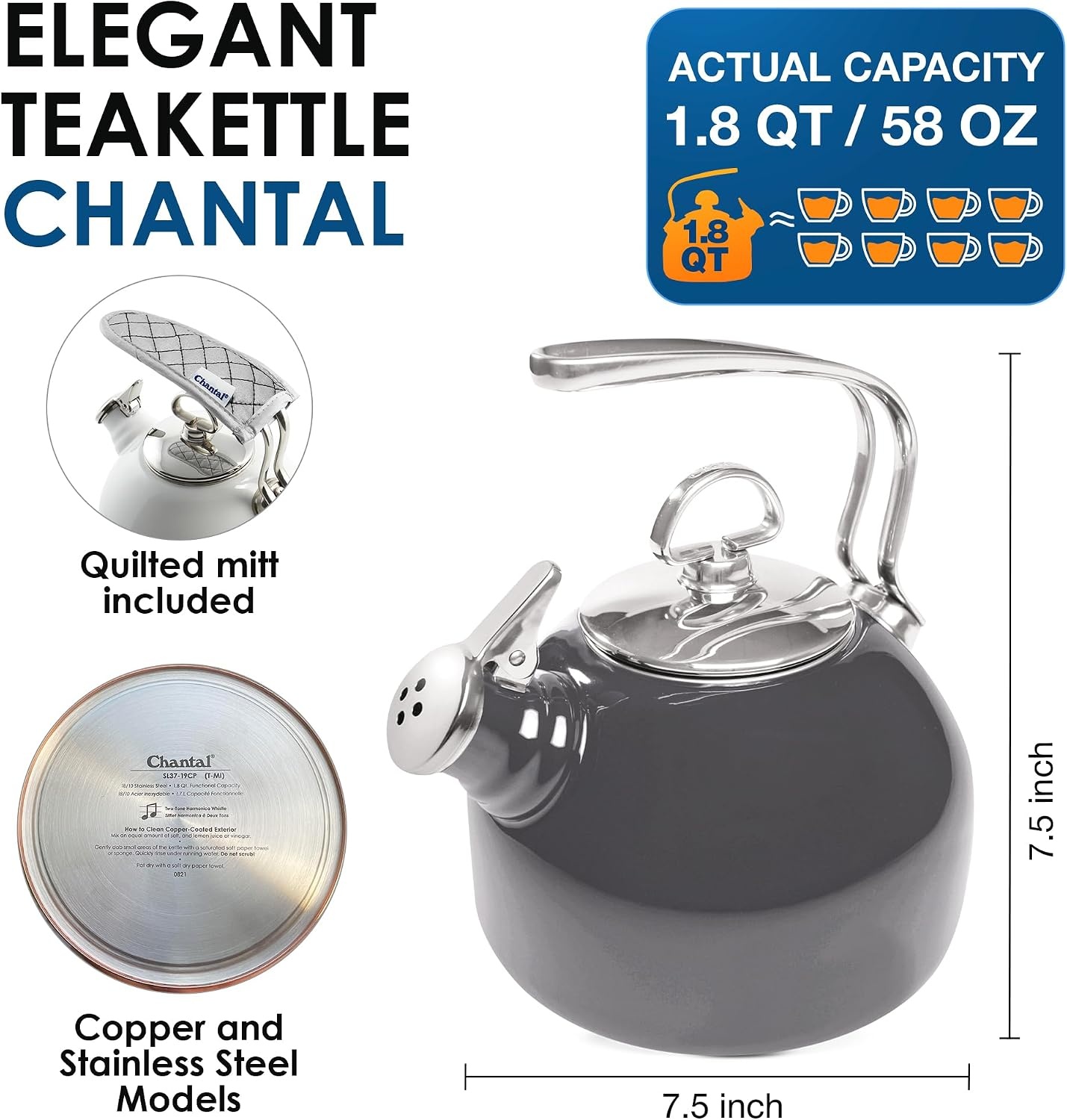 image:imageChantal Classic Teakettle 18 QT Enamel On Steel 2Tone Harmonica Whistle Rapid Boil and Even Heating BlackOnyx