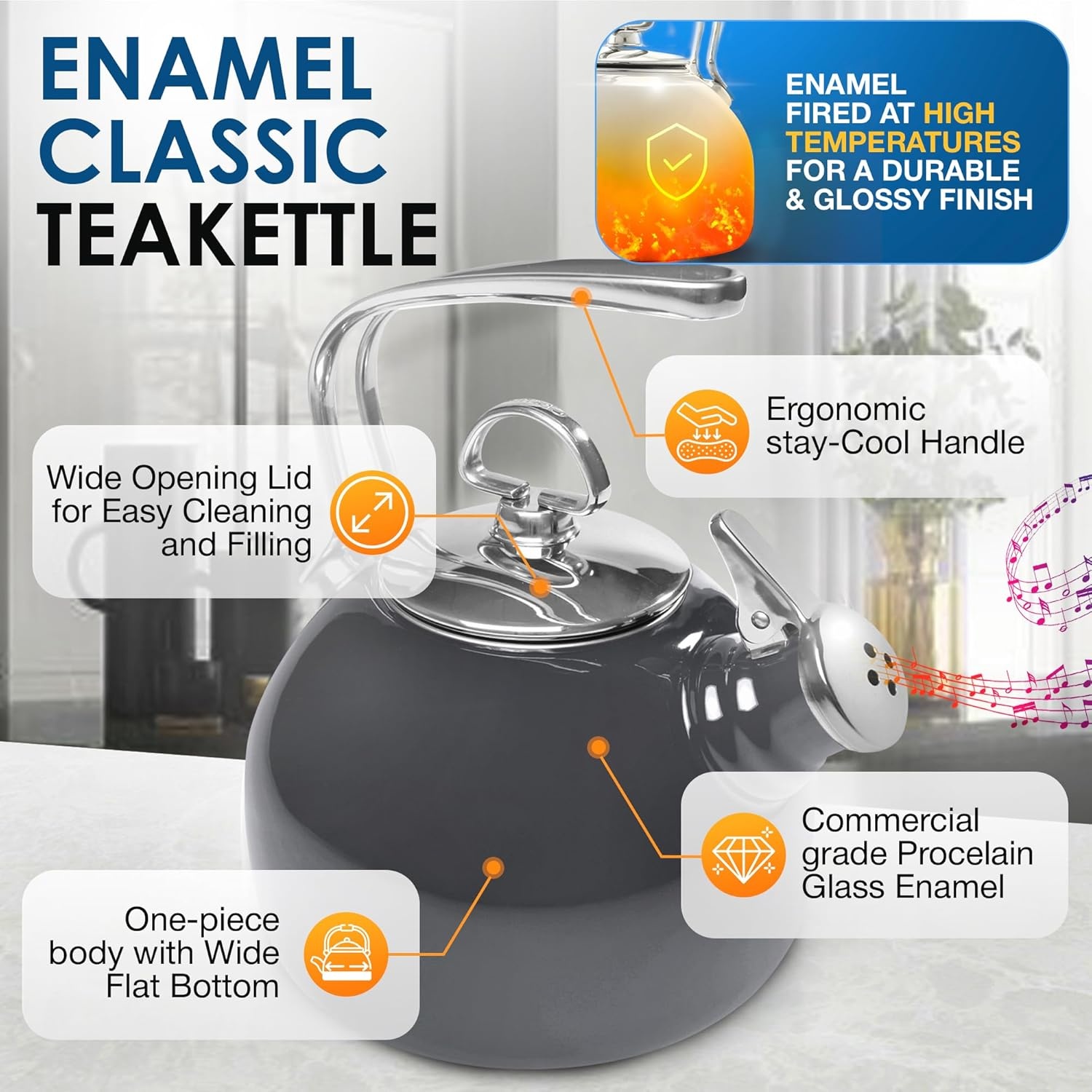 image:imageChantal Classic Teakettle 18 QT Enamel On Steel 2Tone Harmonica Whistle Rapid Boil and Even Heating BlackOnyx