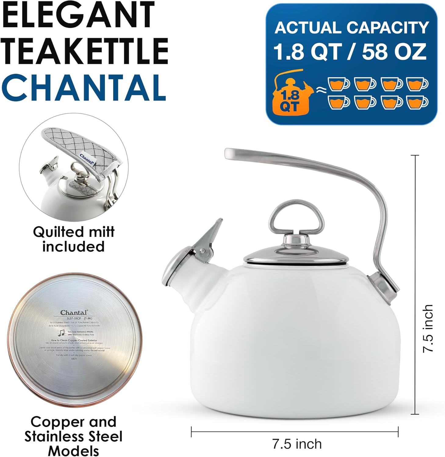 image:imageChantal Classic Teakettle 18 QT Enamel On Steel 2Tone Harmonica Whistle Rapid Boil and Even Heating BlackWhite