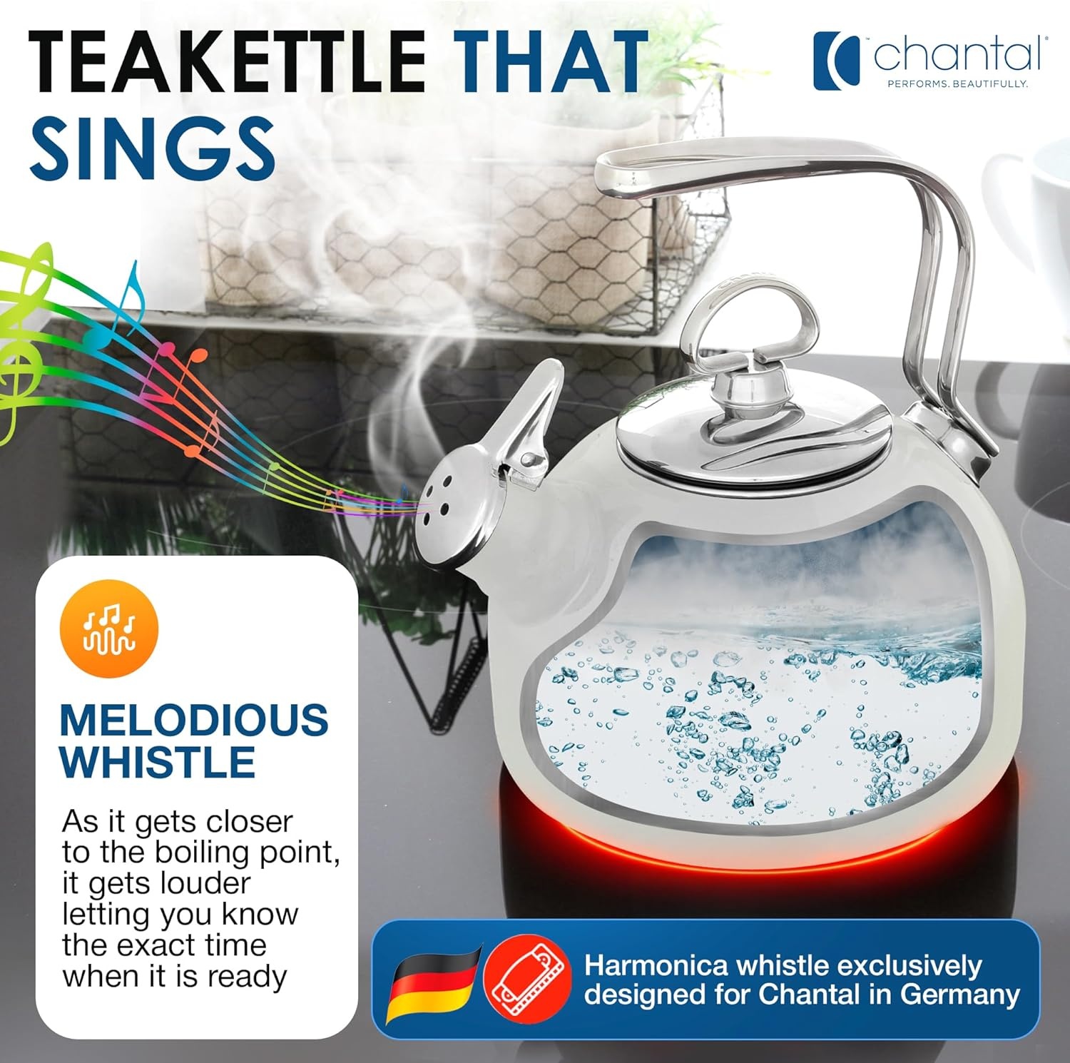 image:imageChantal Classic Teakettle 18 QT Enamel On Steel 2Tone Harmonica Whistle Rapid Boil and Even Heating BlackWhite