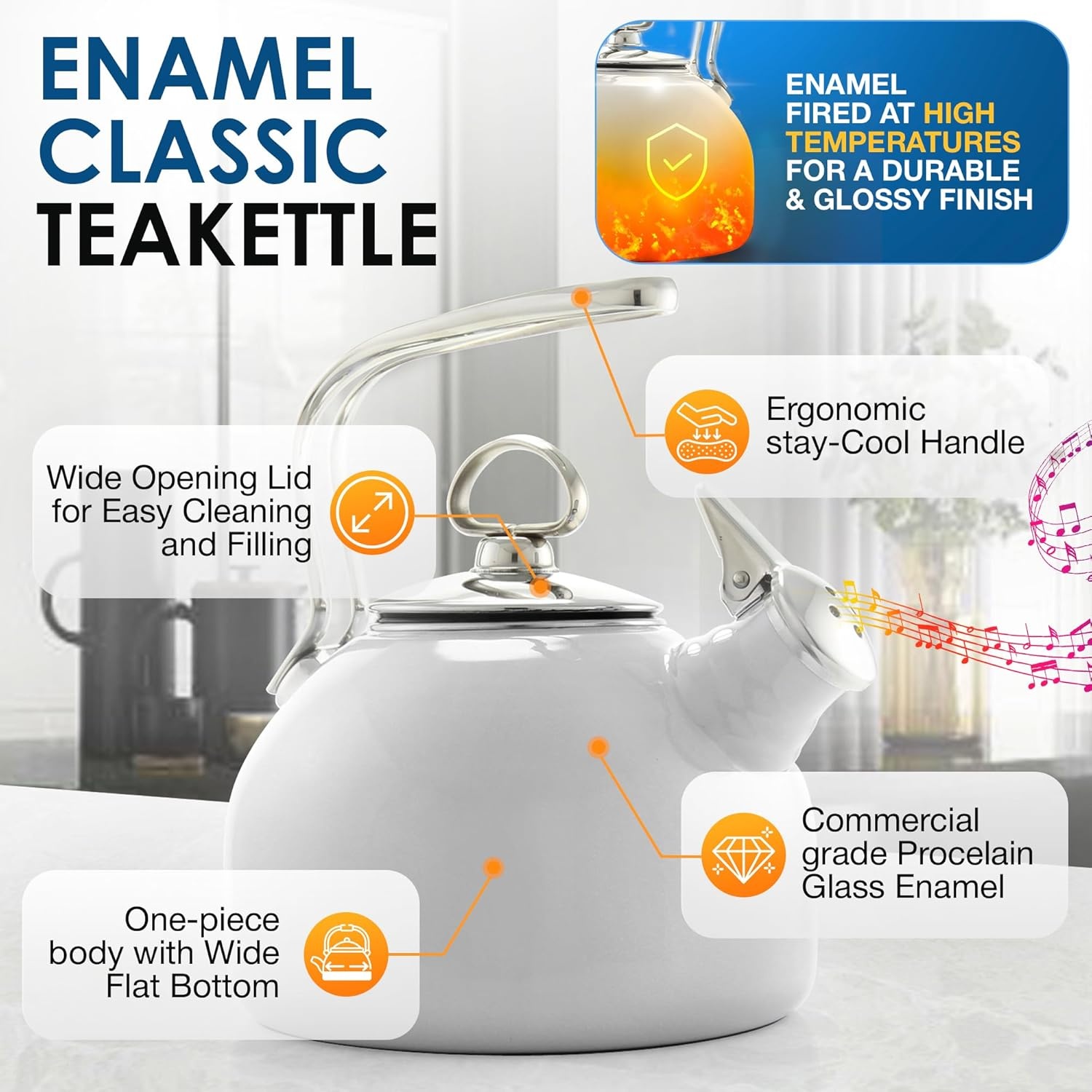 image:imageChantal Classic Teakettle 18 QT Enamel On Steel 2Tone Harmonica Whistle Rapid Boil and Even Heating BlackWhite