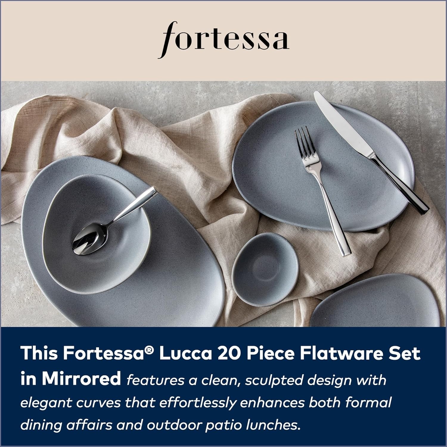 image:imageFortessa Lucca Faceted 1810 Stainless Steel Flatware Serving Spoon 9InchLucca Faceted