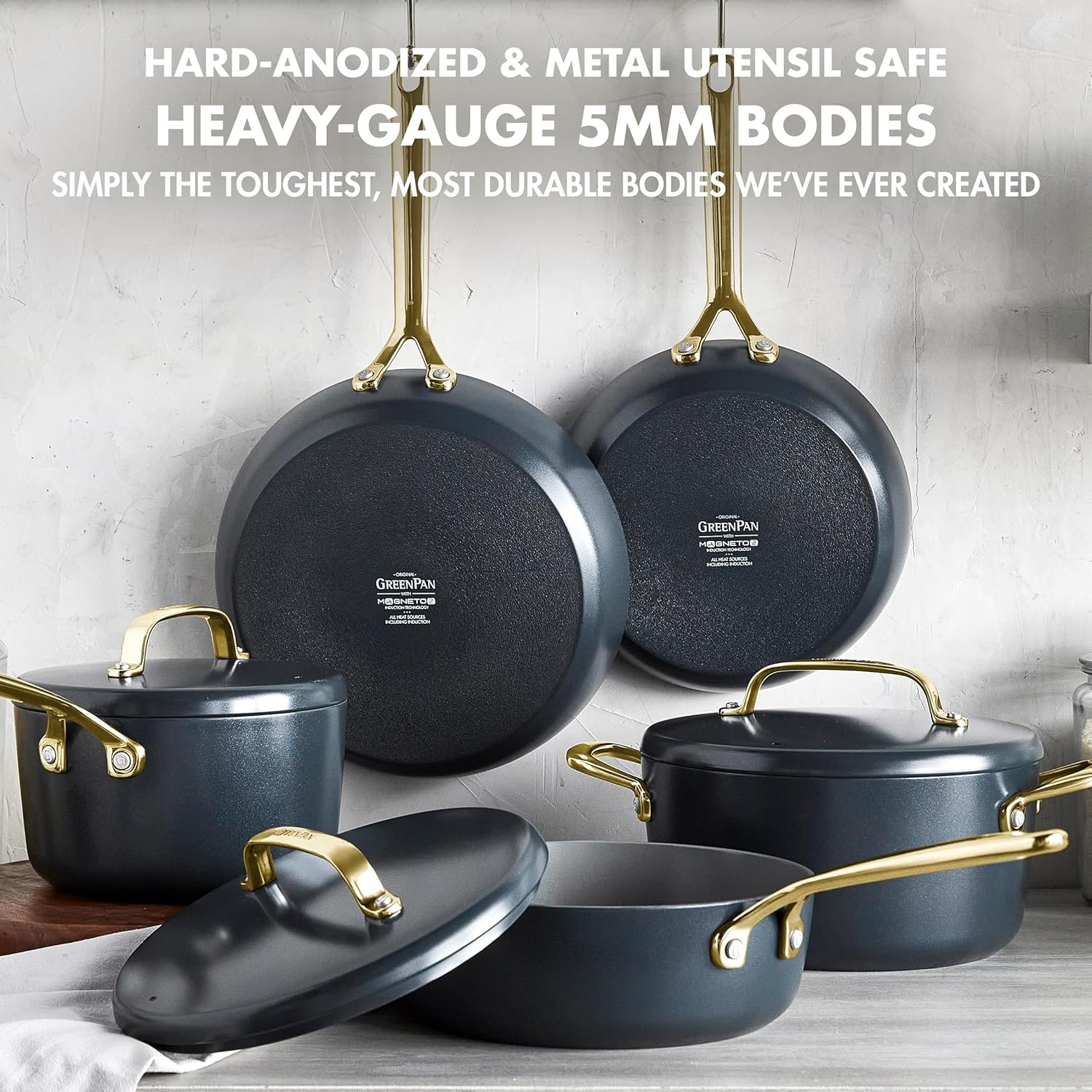 image:imageGreenPan GP5 Hard Anodized Healthy Ceramic Nonstick 14 Piece Cookware Pots and Pans SetHeavy Gauge Scratch ResistantStayFlat Surface Induction Mirror Finish HandleOven SafePFASFree BlueCharcoal Gray