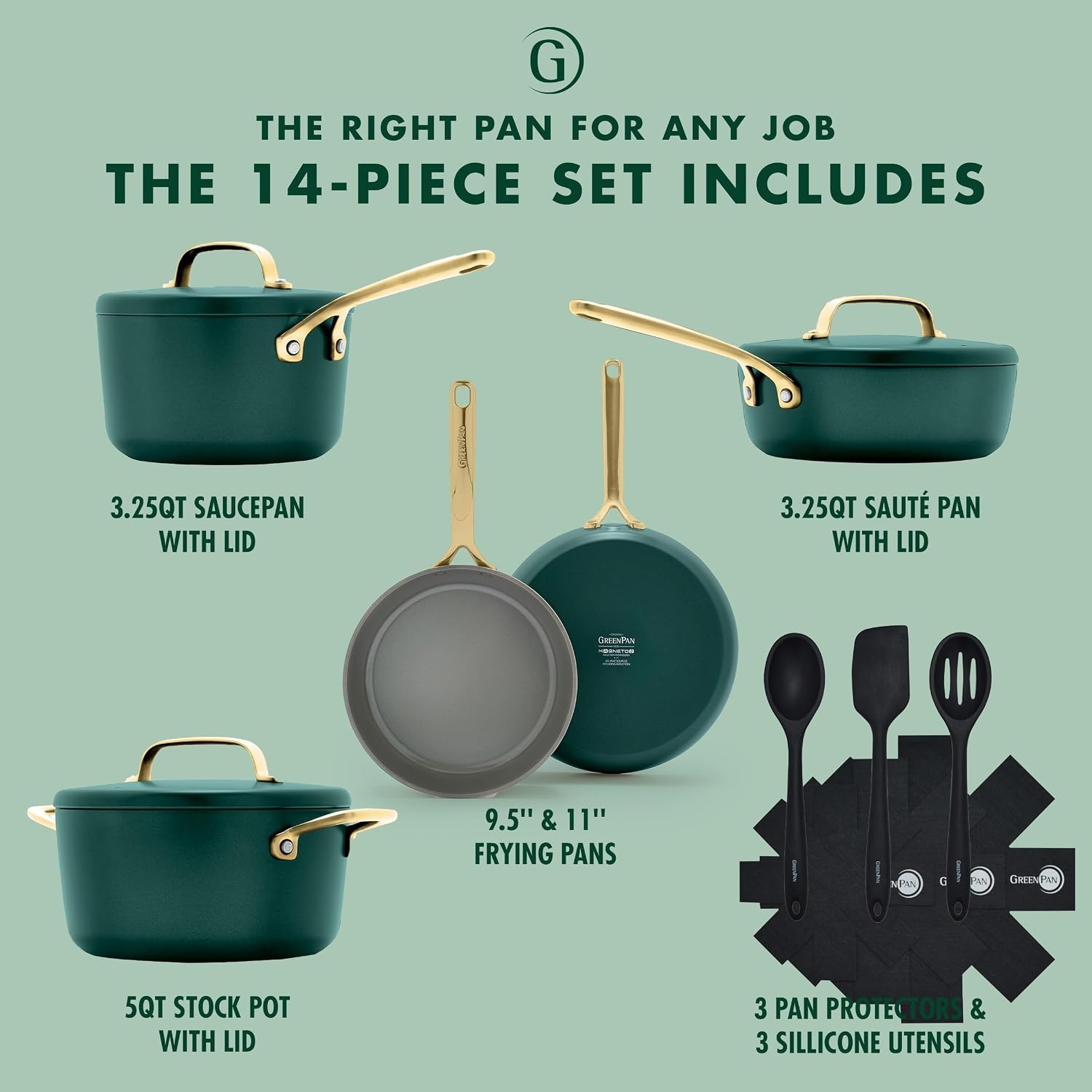 image:imageGreenPan GP5 Hard Anodized Healthy Ceramic Nonstick 14 Piece Cookware Pots and Pans SetHeavy Gauge Scratch ResistantStayFlat Surface Induction Mirror Finish HandleOven SafePFASFree BlueRainforest Green