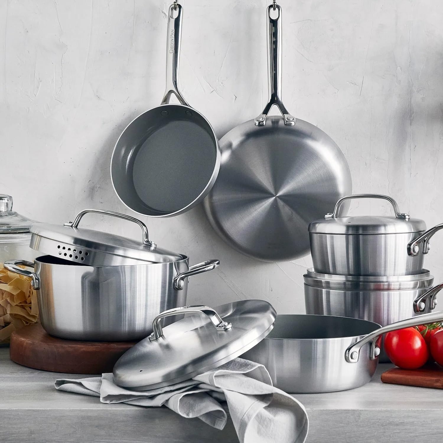 image:imageGreenPan GP5 Stainless Steel 5Ply Healthy Ceramic Nonstick 13 Piece Cookware Pots amp Pans Set Frying Pans Saut Saucepans Stock Pot Scratch Resistant InductionDishwasher amp Oven Safe PFASFree
