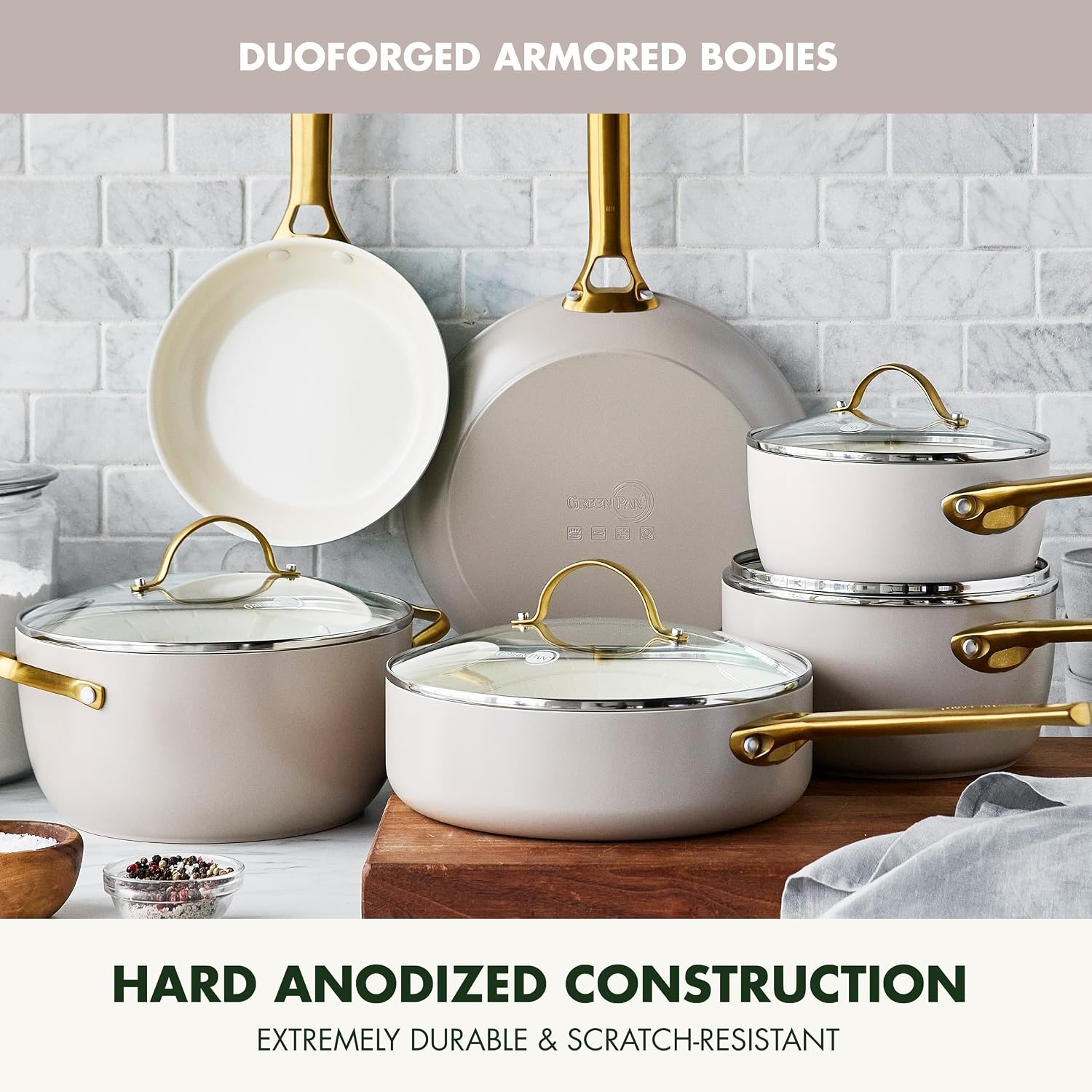 image:imageGreenPan Hard Anodized Healthy Ceramic Nonstick 10 and 12 Frying Pan Skillet Set Gold Handle PFASFree Dishwasher Safe Oven Safe Twilight BlueTaupe