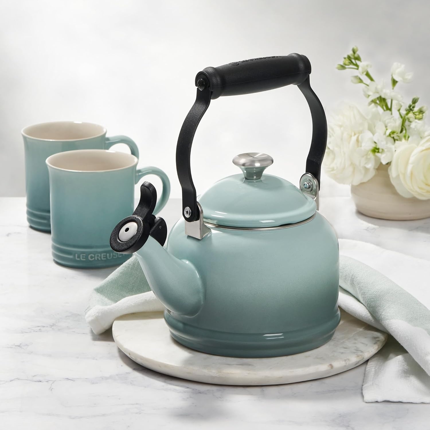 image:imageLe Creuset Enamel On Steel Demi Tea Kettle with Metal Finishes 125 qt FlameOlive