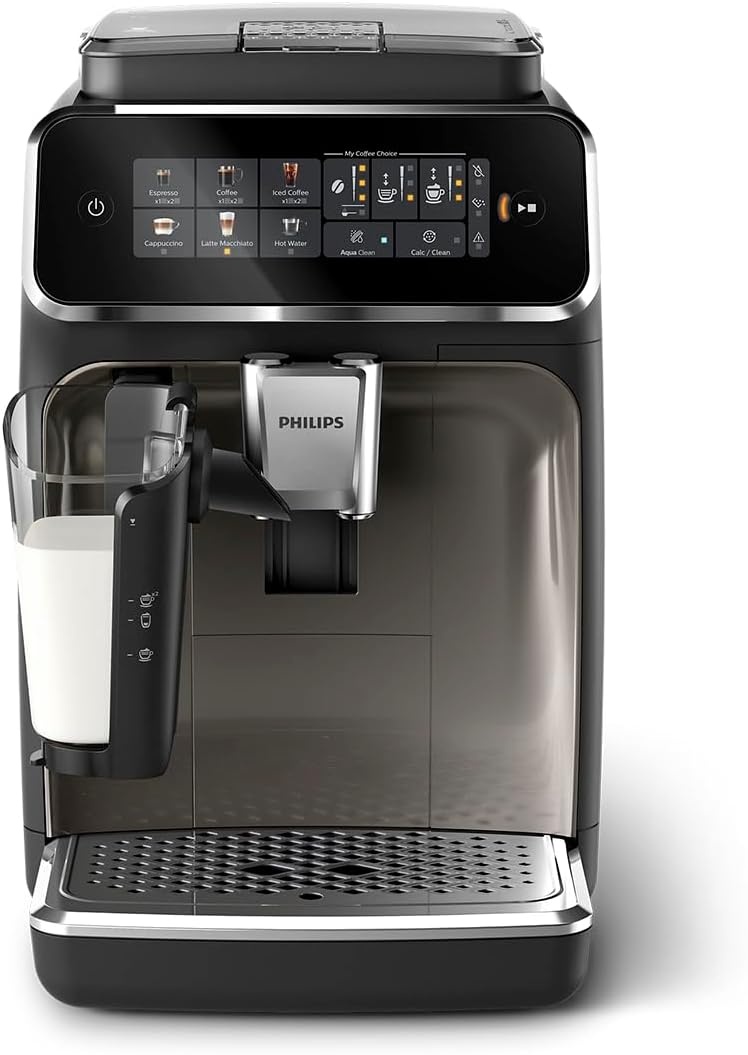 image:imagePhilips 3300 Series Fully Automatic Espresso Machine with integrated milk frother and grinder 5 Hot amp Iced Coffee PreSets 40 Quieter SilentBrew 15Bar Pressure Glossy Black EP332690 12Step Ceramic Grinder Classic Milk Frother 5 OneTouch Drinks Incl Iced Coffee Silentbrew 15 BarGlossy Black Ep 3347 90