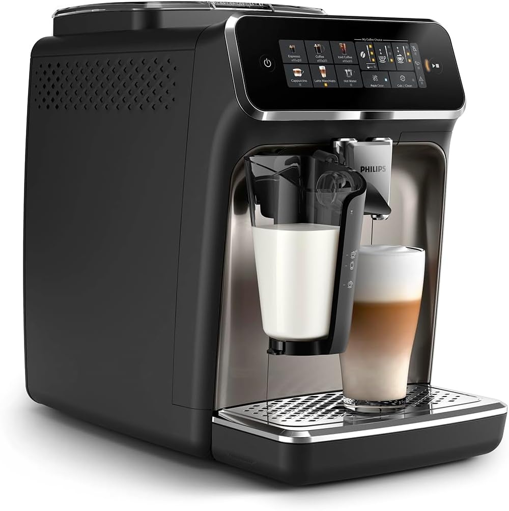 image:imagePhilips 3300 Series Fully Automatic Espresso Machine with integrated milk frother and grinder 5 Hot amp Iced Coffee PreSets 40 Quieter SilentBrew 15Bar Pressure Glossy Black EP332690 12Step Ceramic Grinder Classic Milk Frother 5 OneTouch Drinks Incl Iced Coffee Silentbrew 15 BarGlossy Black Ep 3347 90