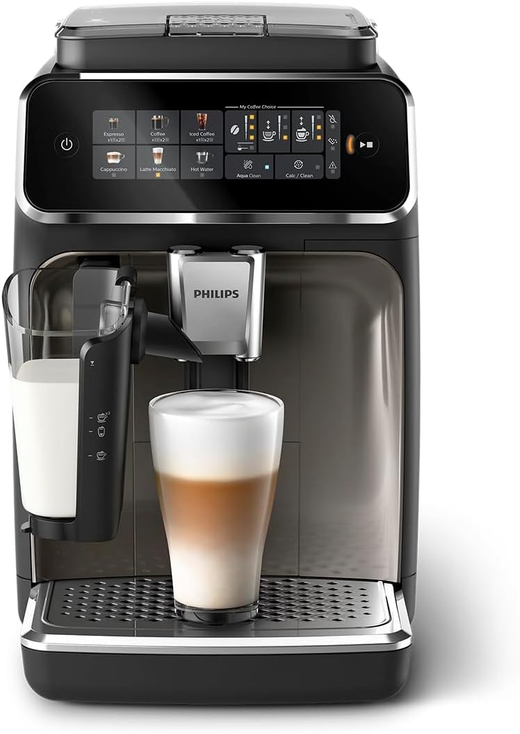 image:imagePhilips 3300 Series Fully Automatic Espresso Machine with integrated milk frother and grinder 5 Hot amp Iced Coffee PreSets 40 Quieter SilentBrew 15Bar Pressure Glossy Black EP332690 12Step Ceramic Grinder Classic Milk Frother 5 OneTouch Drinks Incl Iced Coffee Silentbrew 15 BarGlossy Black Ep 3347 90