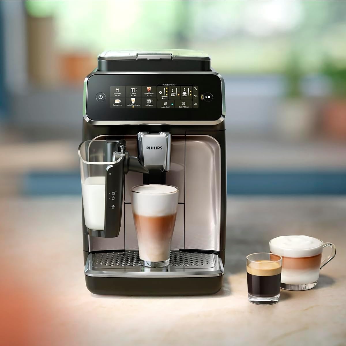 image:imagePhilips 3300 Series Fully Automatic Espresso Machine with integrated milk frother and grinder 5 Hot amp Iced Coffee PreSets 40 Quieter SilentBrew 15Bar Pressure Glossy Black EP332690 12Step Ceramic Grinder Classic Milk Frother 5 OneTouch Drinks Incl Iced Coffee Silentbrew 15 BarGlossy Black Ep 3347 90