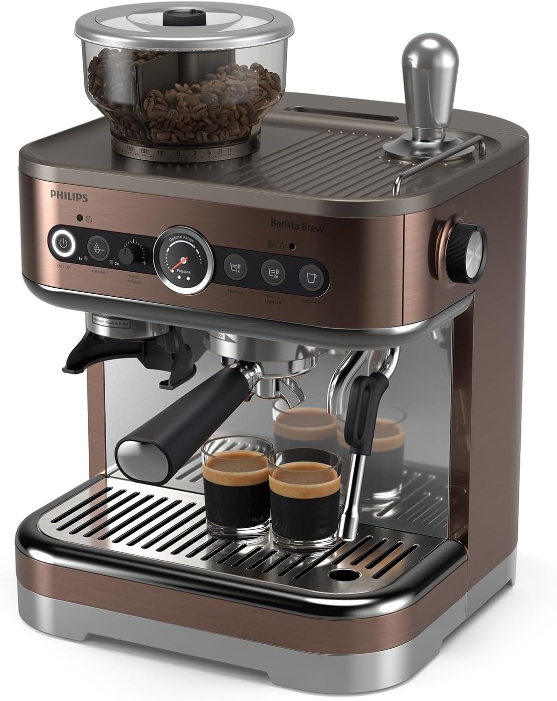 image:imagePhilips Barista Brew Semi Automatic Espresso Machine Single amp Double EspressoAmericano 250g Bean ContainerGrinderMilk Jug with temperature indicatorCalibrated TampingMetal Silver PSA321801Metal Cappuccino