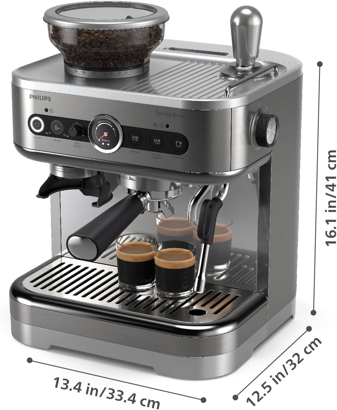 image:imagePhilips Barista Brew Semi Automatic Espresso Machine Single amp Double EspressoAmericano 250g Bean ContainerGrinderMilk Jug with temperature indicatorCalibrated TampingMetal Silver PSA321801Metal Silver