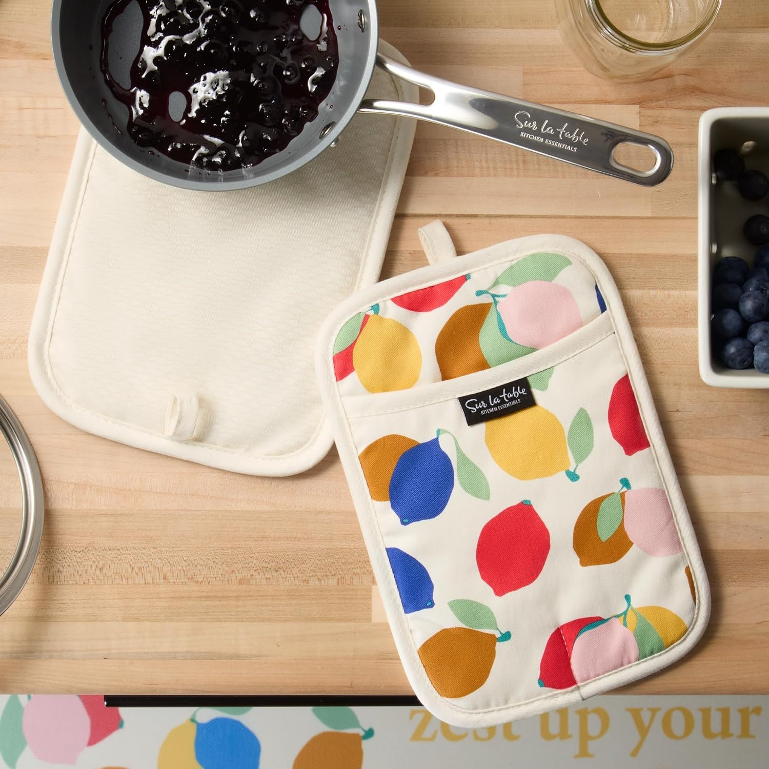 image:imageSUR LA Table Kitchen Essentials Fresh Blueberries Fruit Potholder 2Pack Set Heat Resistant 100 Cotton Flexible NonSlip Silicone Grip BlueWhite 7x10YellowBlueIvory