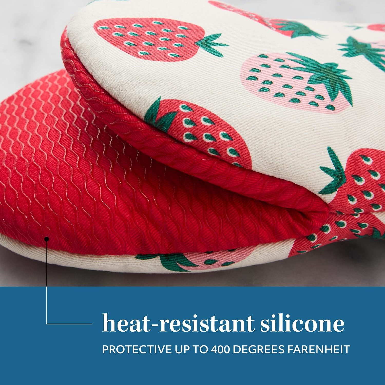 image:imageSUR LA Table Kitchen Essentials Lemon Zest Citrus Fruit Mini Oven Mitt 2Pack Set Heat Resistant 100 Cotton Flexible NonSlip Silicone Grip YellowBlueIvory 55x8PinkGreenCream