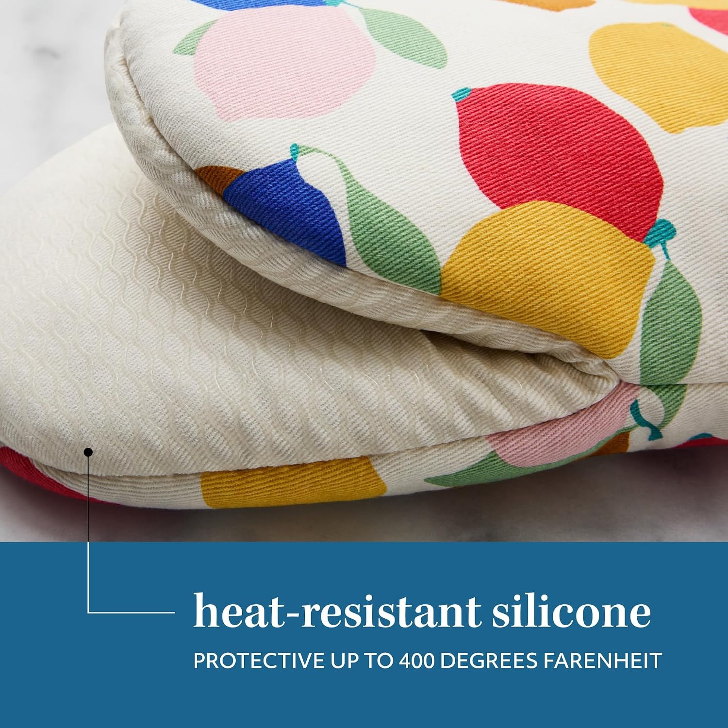 image:imageSUR LA Table Kitchen Essentials Lemon Zest Citrus Fruit Mini Oven Mitt 2Pack Set Heat Resistant 100 Cotton Flexible NonSlip Silicone Grip YellowBlueIvory 55x8YellowBlueIvory