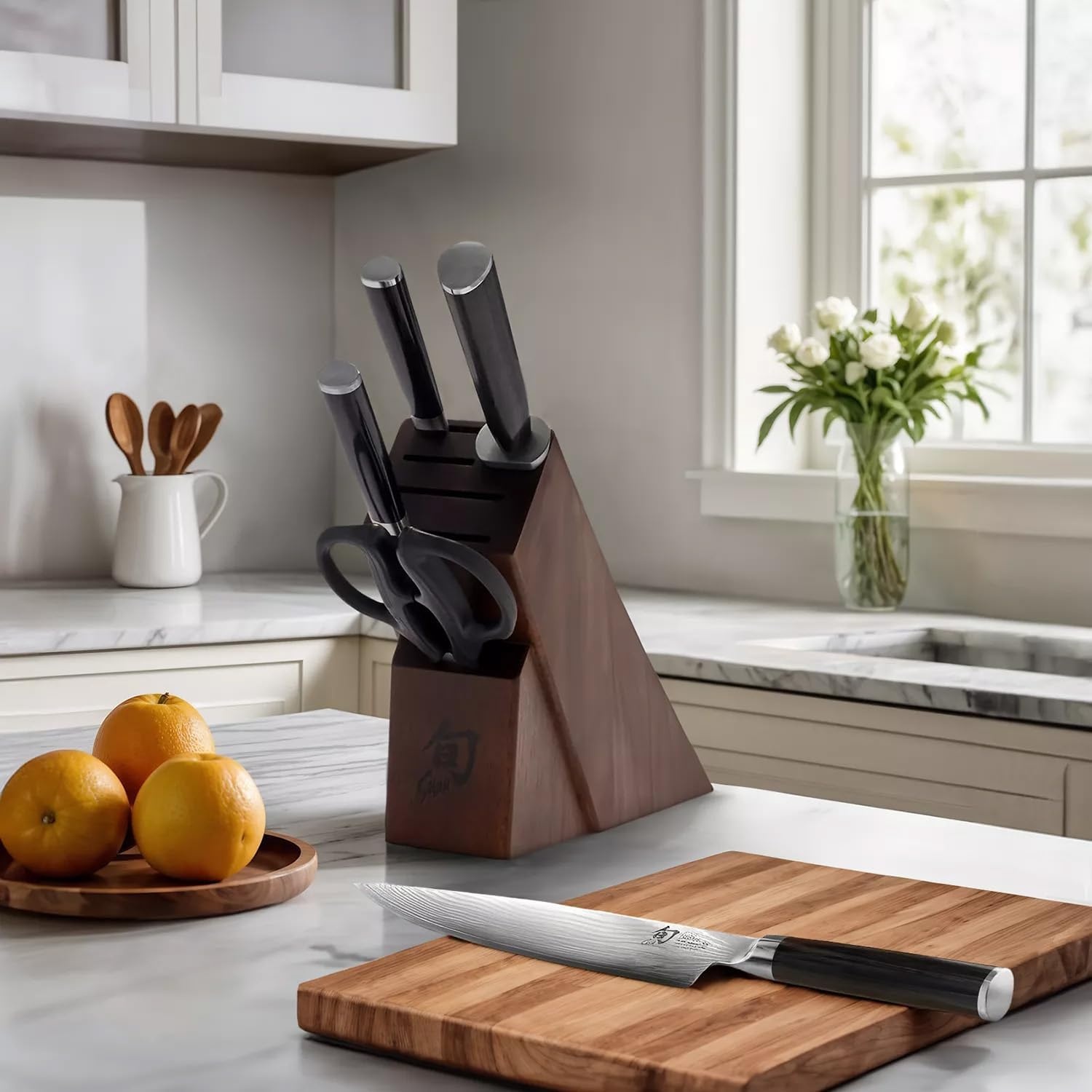 image:imageShun Classic 6Pc Knife Block Set Damascus Steel Pakkawood Includes 8 Chefs 4 Paring 6 Serrated Utility Knife amp Herb Shears Damascus Stainless Steel Cladding Pakkawood Handle