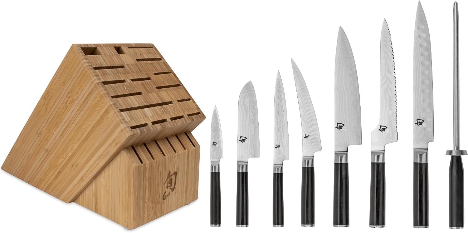 image:imageShun Classic Blonde 5 Piece Starter Block Set Includes 8 Chef 35 Paring amp 6 Utility Knives Handcrafted Japanese Knife Block Set Damascus Stainless Steel Cladding Pakkawood HandleBlack