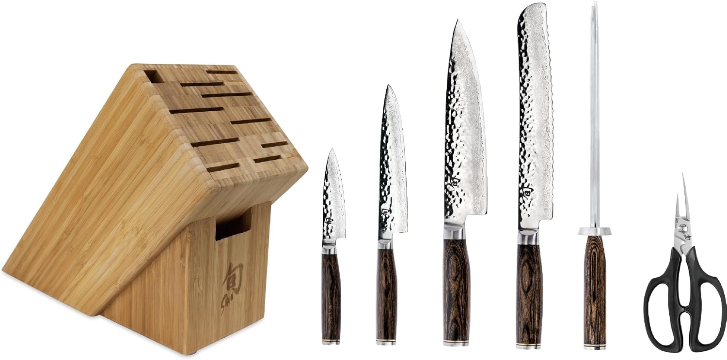 image:imageShun Premier 7 Piece Essential Block Set Includes 8 Chef 4 Paring 65 Utility 9 Bread Knives amp Herb Shears Handcrafted Japanese Knife Set Pakkawood HandlesBrown