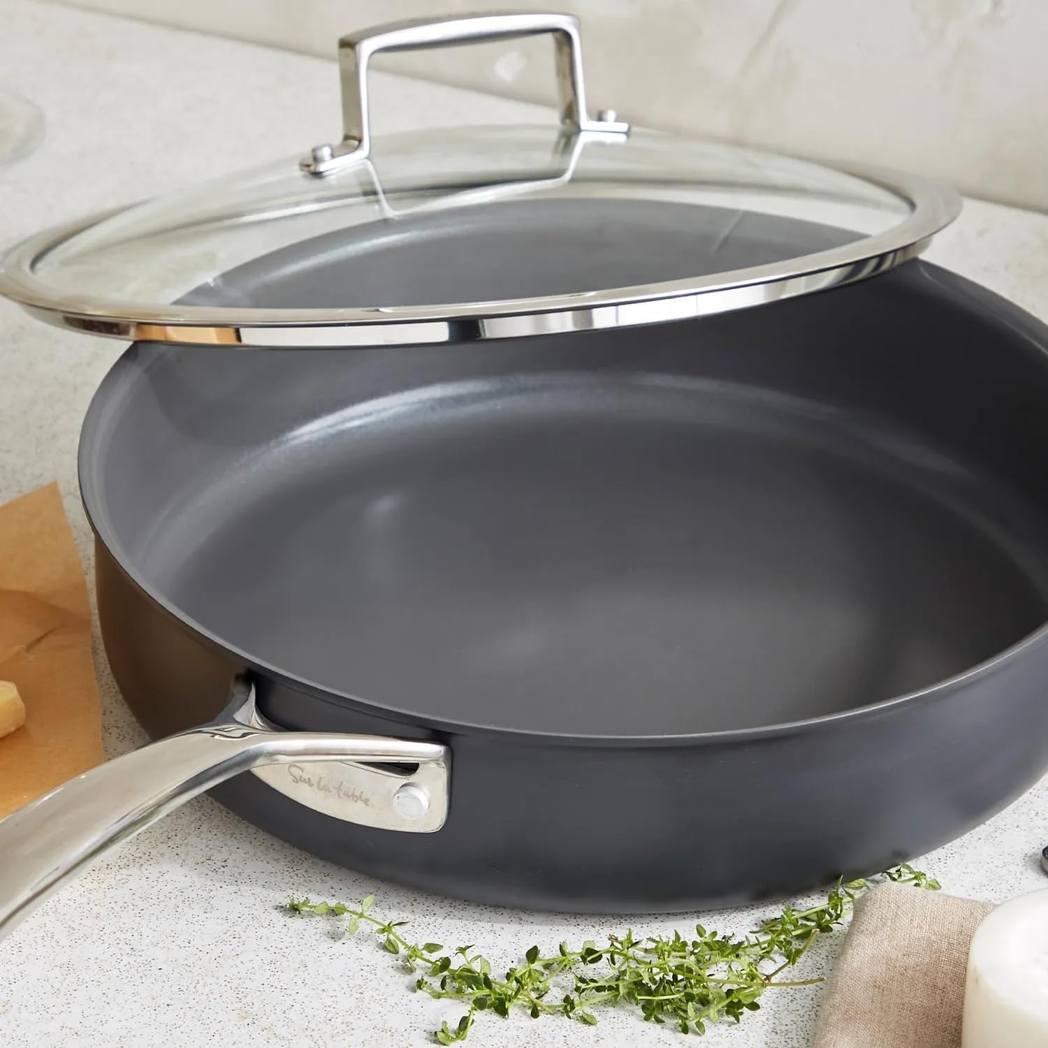 image:imageSur La Table Classic Hard Anodized Ceramic Nonstick Saut Pan 5 Qt PFOAFree Ceramic Coating with Straight Sides and Lid for FamilySize Sauting 5 Qt