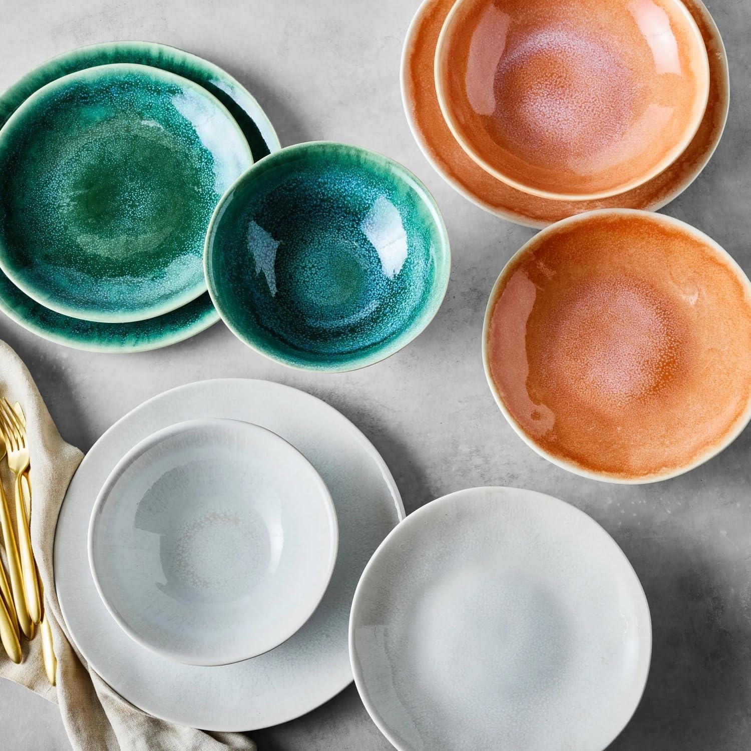 image:imageSur La Table Cloud Stoneware Dinnerware Set 12Piece Handcrafted Ceramic Collection Made in Portugal with Reactive Glaze Organic Design Dishwasher amp Microwave White