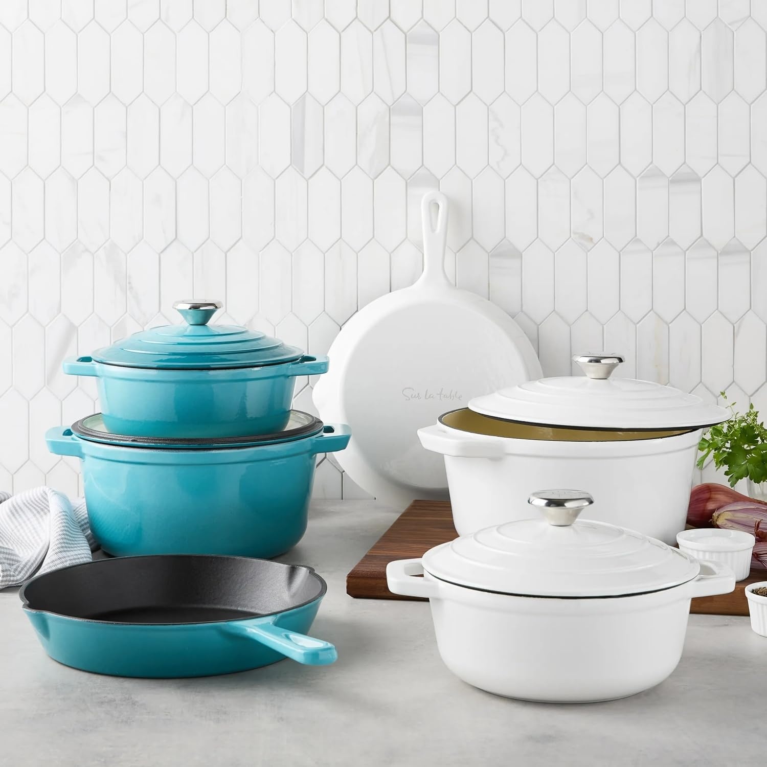 image:imageSur La Table Enameled Cast Iron Cookware Set Includes 5Qt amp 25Qt Dutch Ovens with Lids and 10 Skillet Oven to 500F Induction Compatible Essential Starter Gift Set Light BlueLight Blue