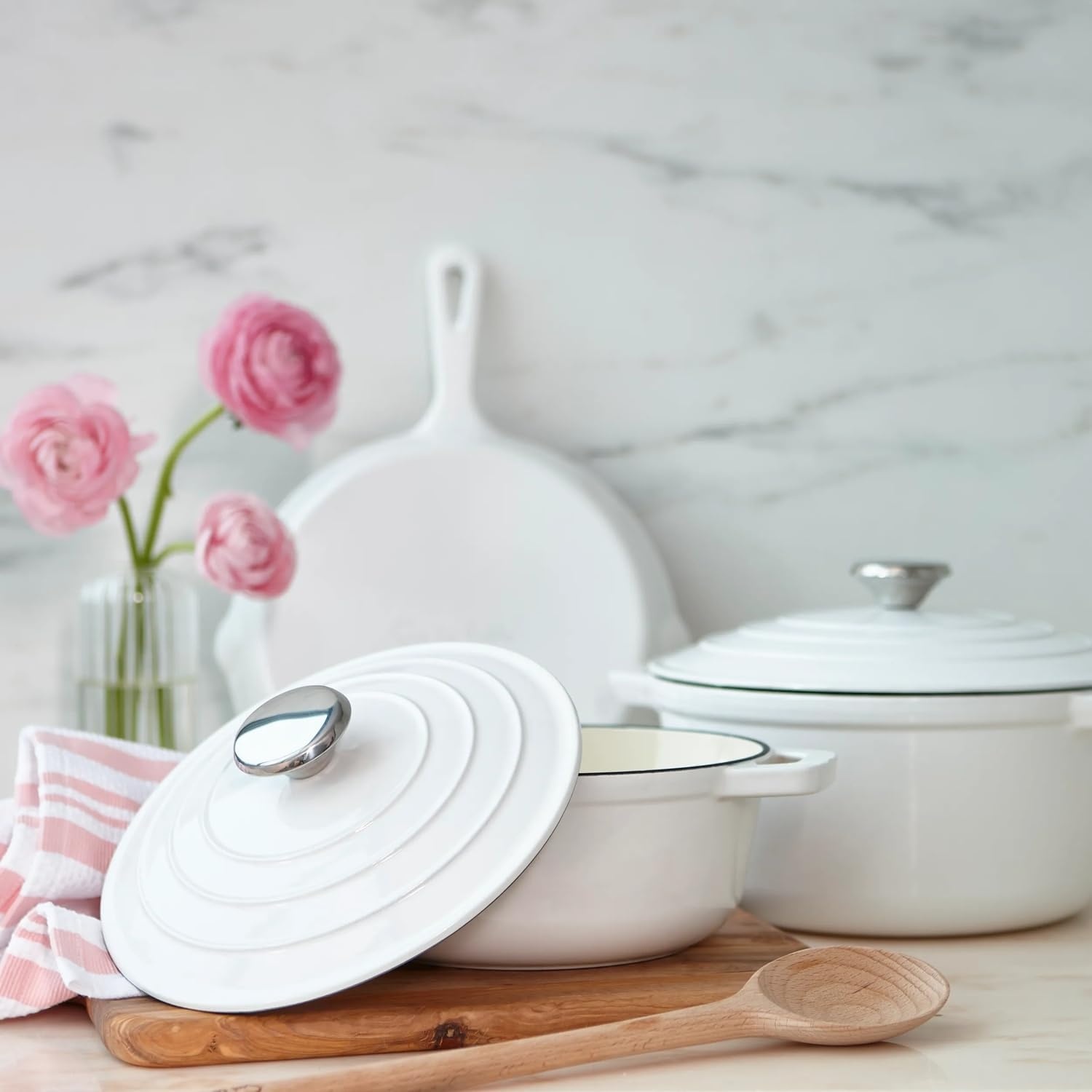 image:imageSur La Table Enameled Cast Iron Cookware Set Includes 5Qt amp 25Qt Dutch Ovens with Lids and 10 Skillet Oven to 500F Induction Compatible Essential Starter Gift Set Light BlueWhite