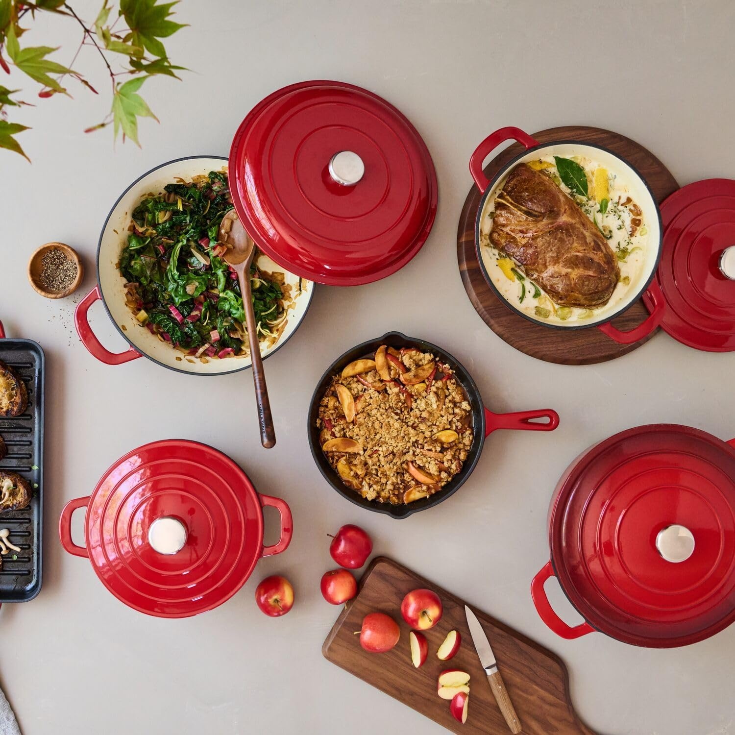 image:imageSur La Table Enameled Cast Iron Cookware Set Includes 5Qt amp 25Qt Dutch Ovens with Lids and 10 Skillet Oven to 500F Induction Compatible Essential Starter Gift Set Light BlueRed