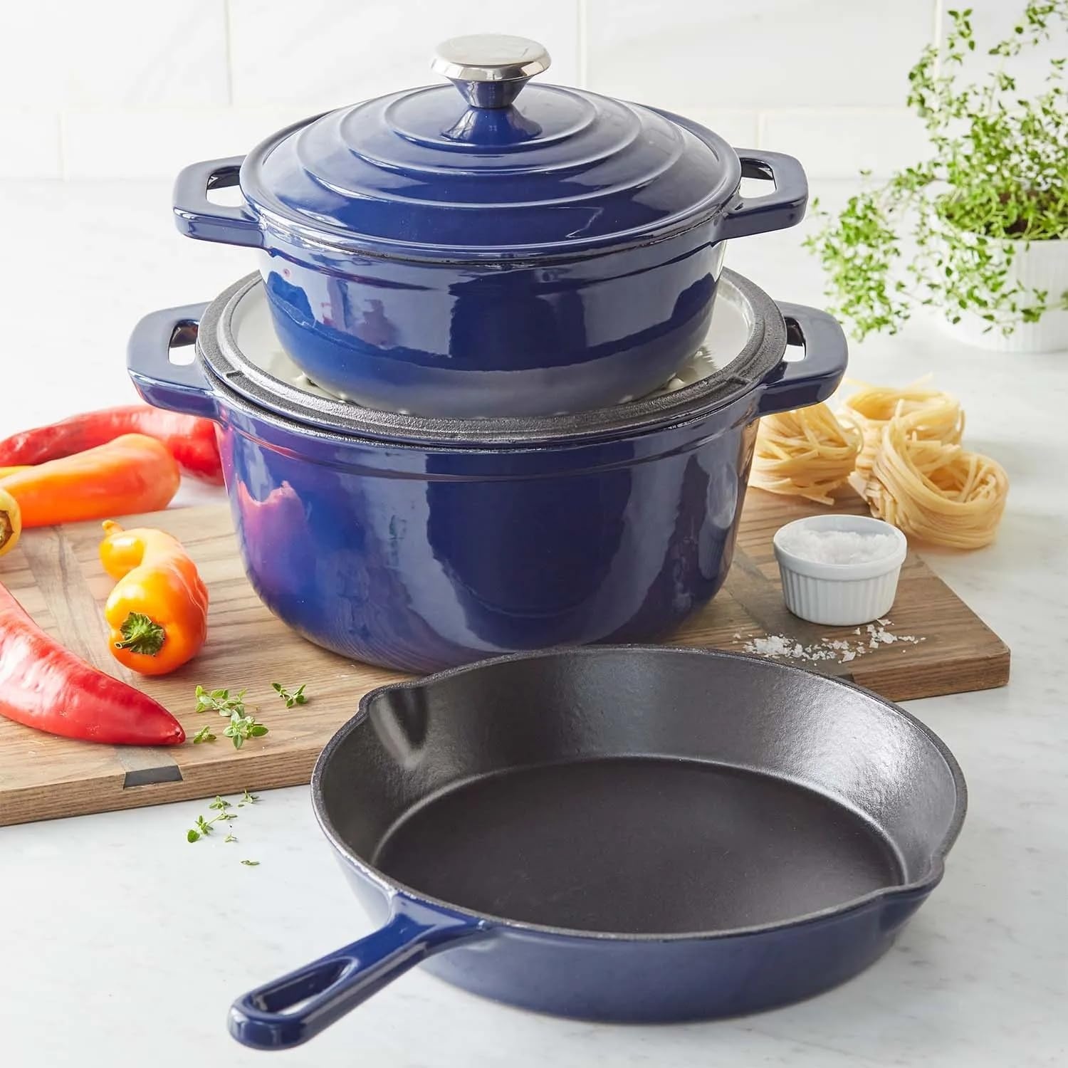 image:imageSur La Table Enameled Cast Iron Cookware Set Includes 5Qt amp 25Qt Dutch Ovens with Lids and 10 Skillet Oven to 500F Induction Compatible Essential Starter Gift Set Light BlueBlue
