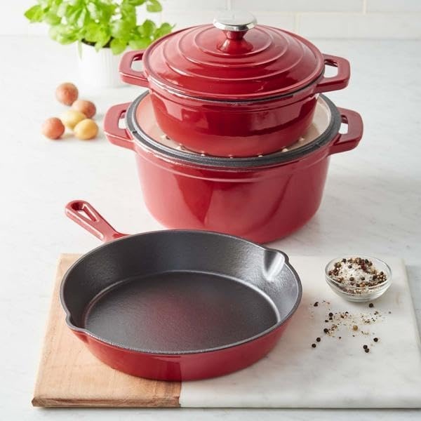 image:imageSur La Table Enameled Cast Iron Cookware Set Includes 5Qt amp 25Qt Dutch Ovens with Lids and 10 Skillet Oven to 500F Induction Compatible Essential Starter Gift Set Light BlueBlue