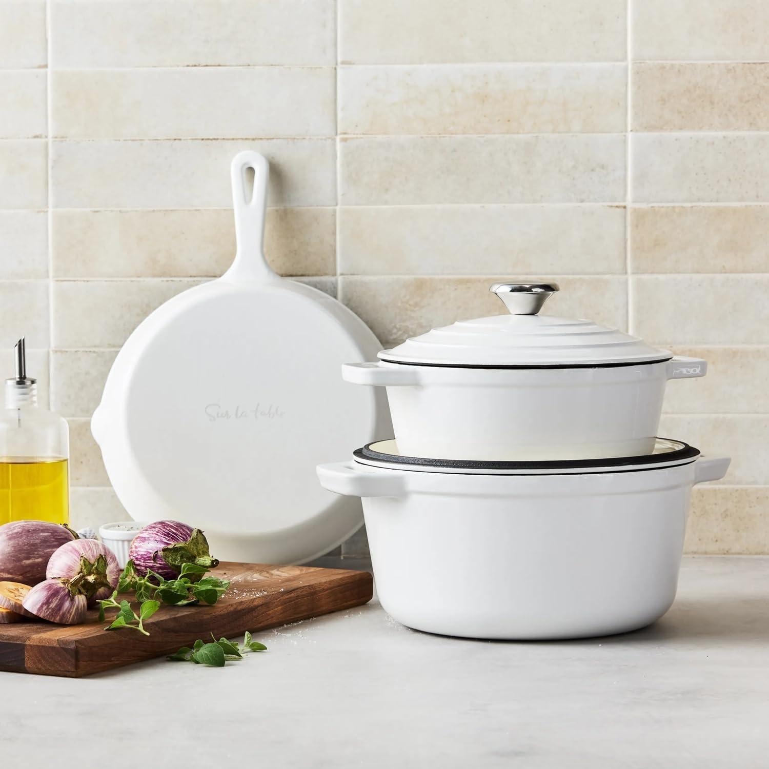 image:imageSur La Table Enameled Cast Iron Cookware Set Includes 5Qt amp 25Qt Dutch Ovens with Lids and 10 Skillet Oven to 500F Induction Compatible Essential Starter Gift Set Light BlueWhite