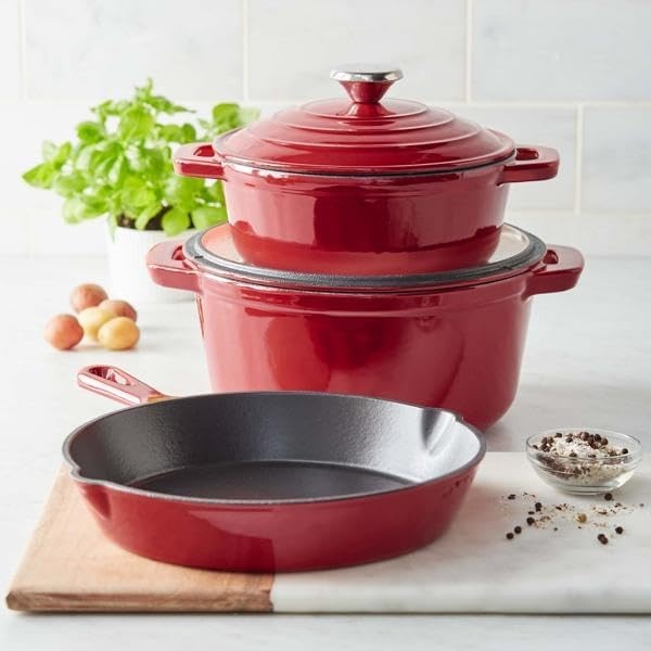 image:imageSur La Table Enameled Cast Iron Cookware Set Includes 5Qt amp 25Qt Dutch Ovens with Lids and 10 Skillet Oven to 500F Induction Compatible Essential Starter Gift Set Light BlueRed