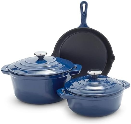 image:imageSur La Table Enameled Cast Iron Cookware Set Includes 5Qt amp 25Qt Dutch Ovens with Lids and 10 Skillet Oven to 500F Induction Compatible Essential Starter Gift Set Light BlueRed