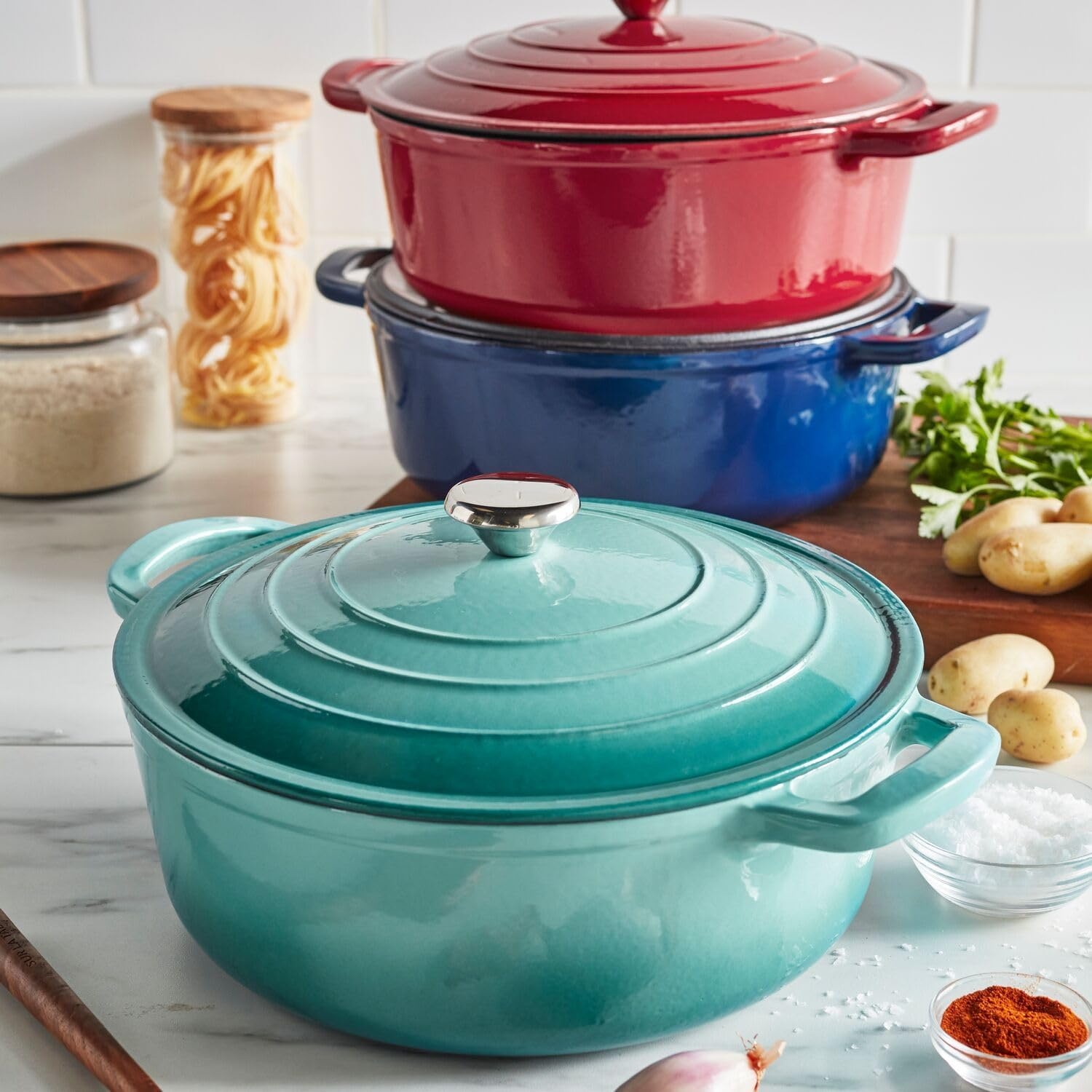 image:imageSur La Table Enameled Cast Iron Cookware Set Includes 5Qt amp 25Qt Dutch Ovens with Lids and 10 Skillet Oven to 500F Induction Compatible Essential Starter Gift Set Light BlueBlue