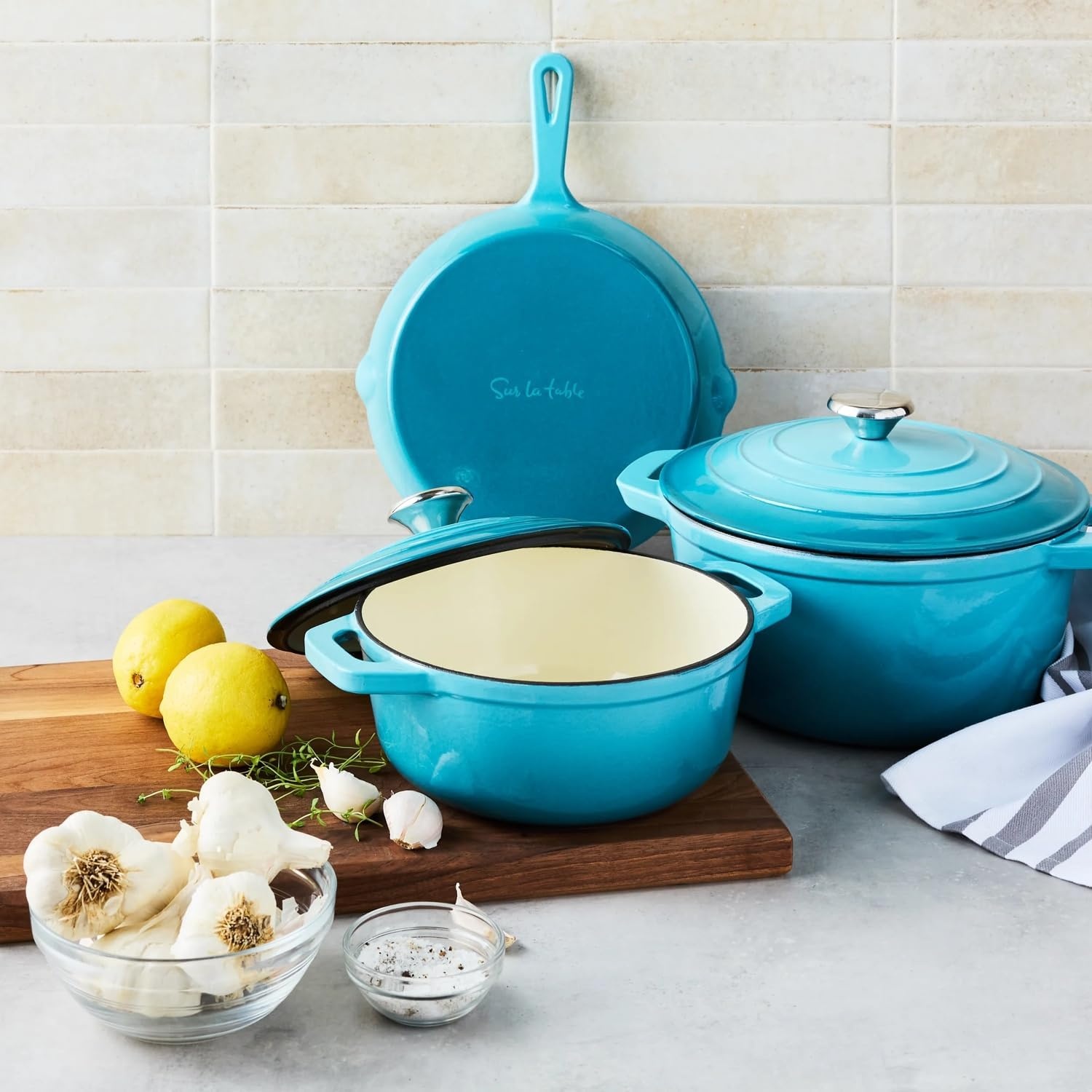image:imageSur La Table Enameled Cast Iron Cookware Set Includes 5Qt amp 25Qt Dutch Ovens with Lids and 10 Skillet Oven to 500F Induction Compatible Essential Starter Gift Set Light BlueLight Blue
