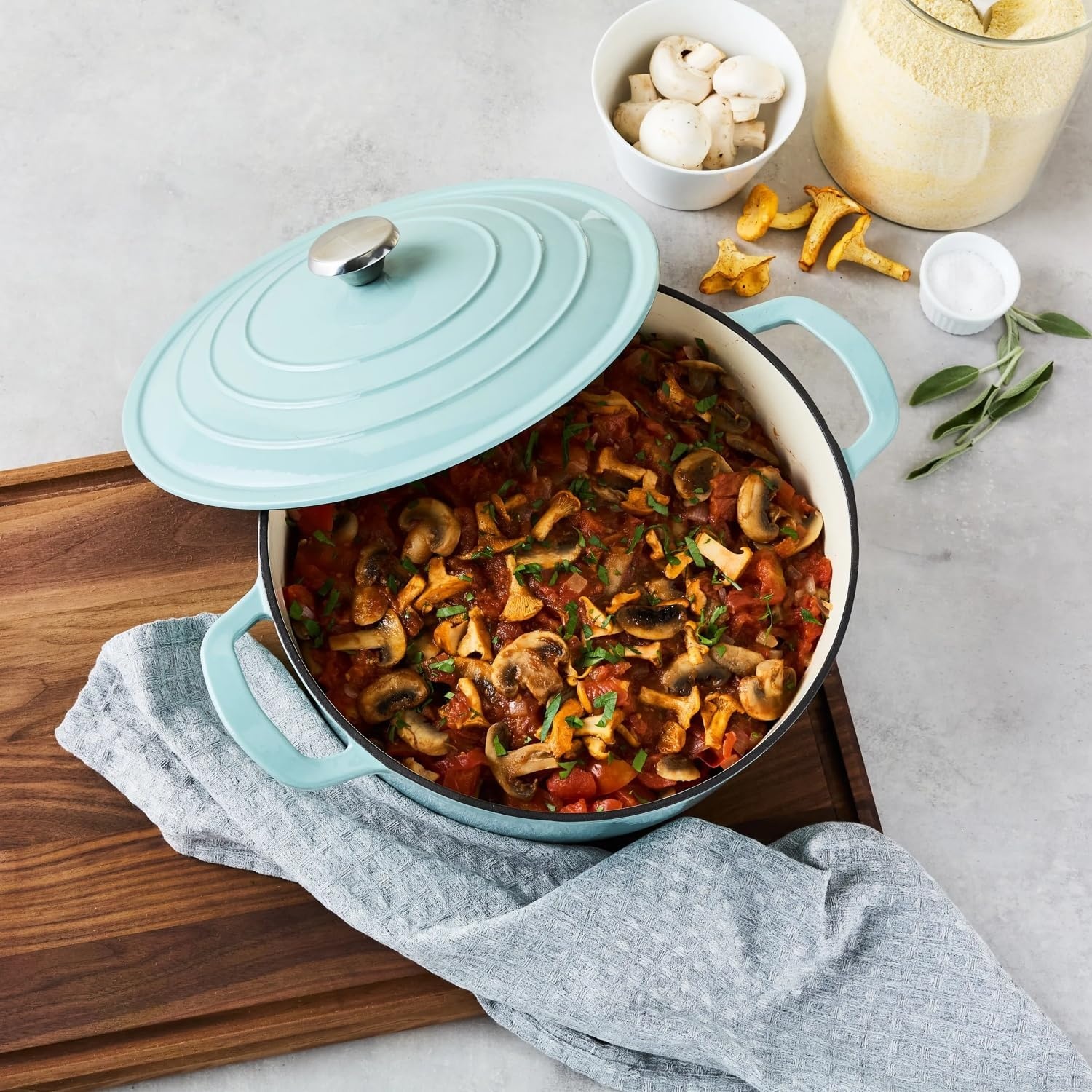 image:imageSur La Table Enameled Cast Iron Dutch Oven 7 Qt Large Oven and Broiler to 500 F for BigBatch Braising and Entertaining 7 QtLight Teal