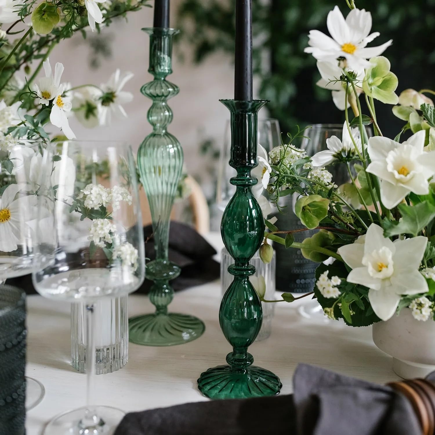 image:imageSur La Table Glass Taper Candle Holder Emerald Green Elegant Emerald Glass Stem Holder for Standard Taper Candles 105 in