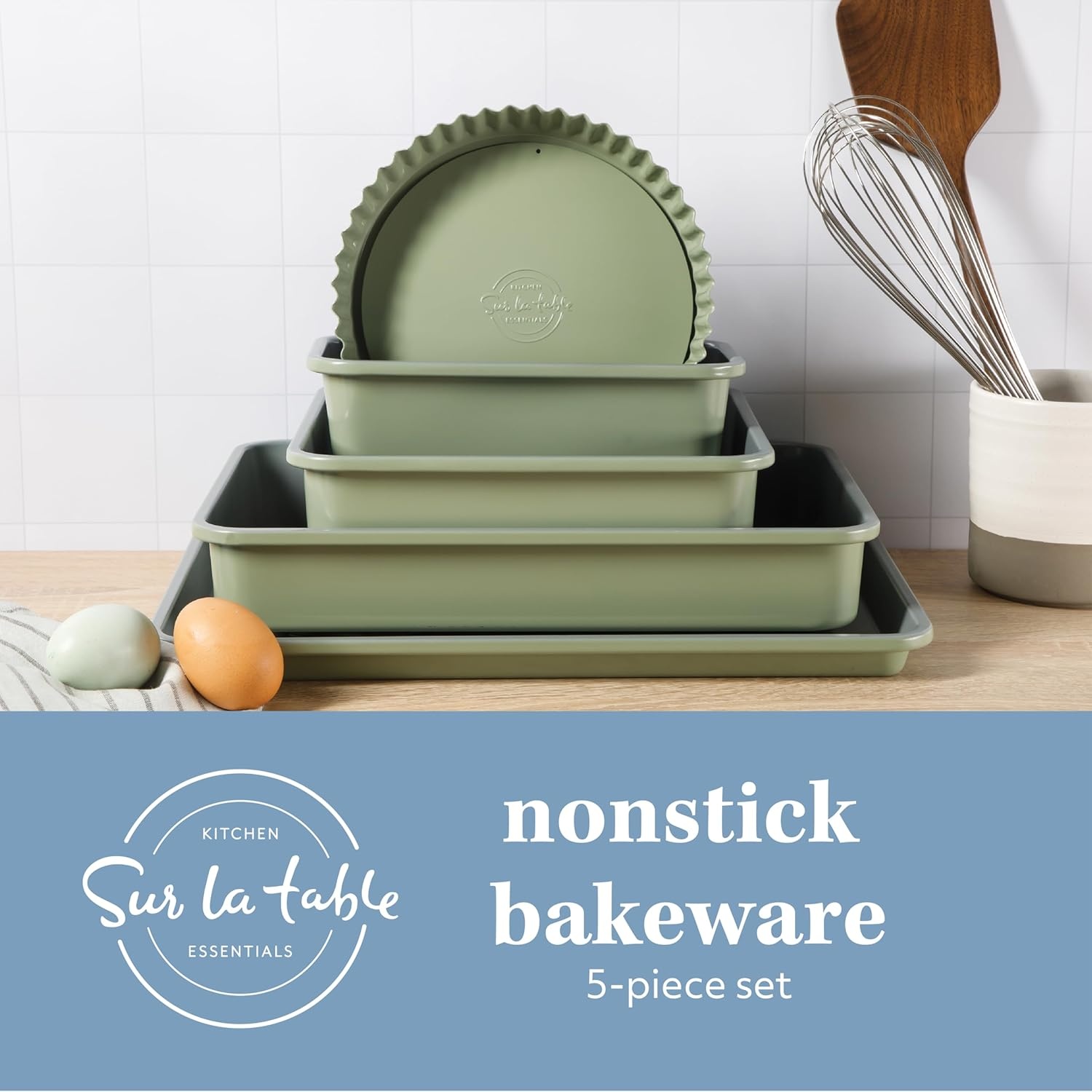 image:imageSur La Table Kitchen Essential Carbon Steel Baking Pans Bakeware Set WPremium PFOA PFAS PTFE Free Grey Non stick Linen White ExteriorJuniper Green