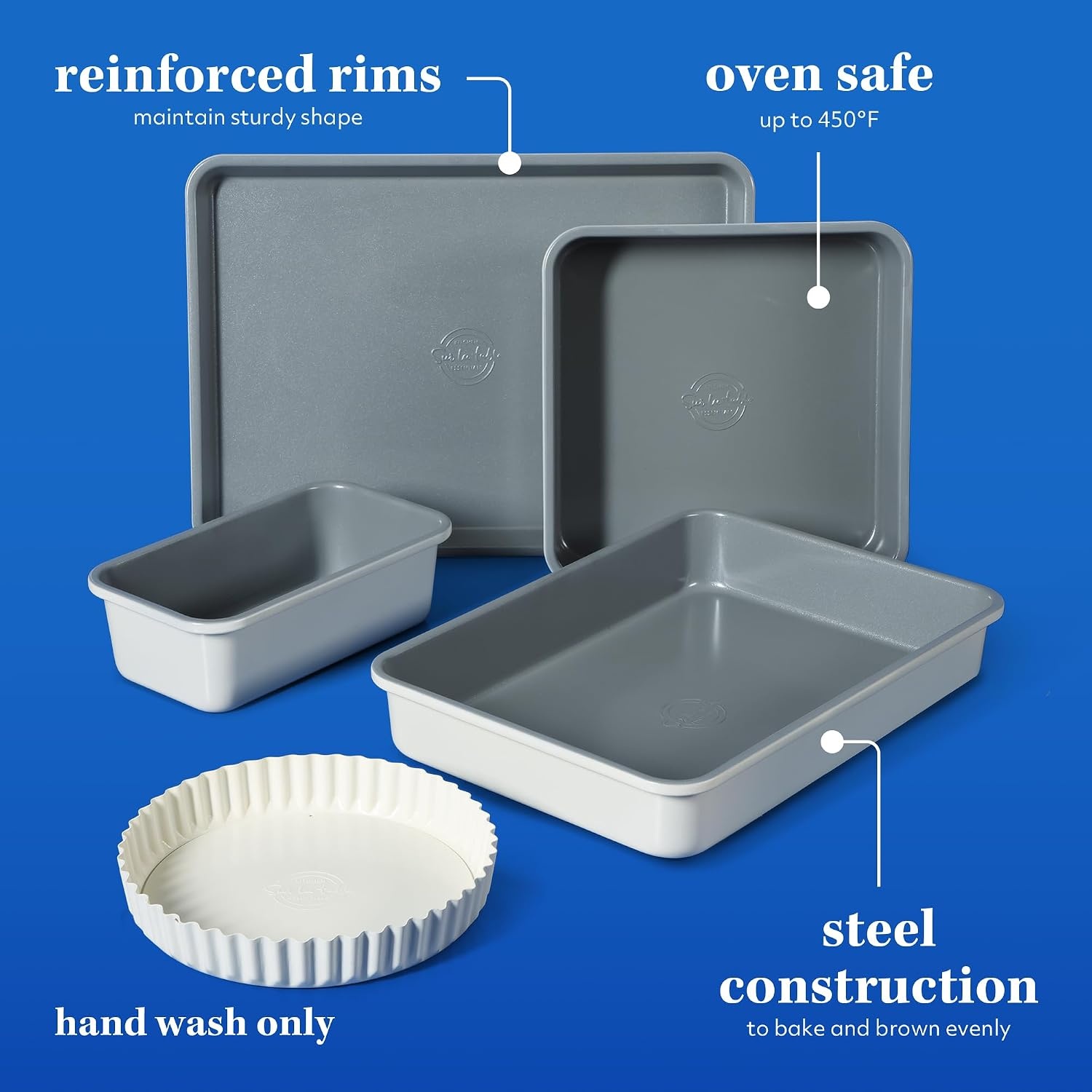 image:imageSur La Table Kitchen Essential Carbon Steel Baking Pans Bakeware Set WPremium PFOA PFAS PTFE Free Grey Non stick Linen White ExteriorLinen White