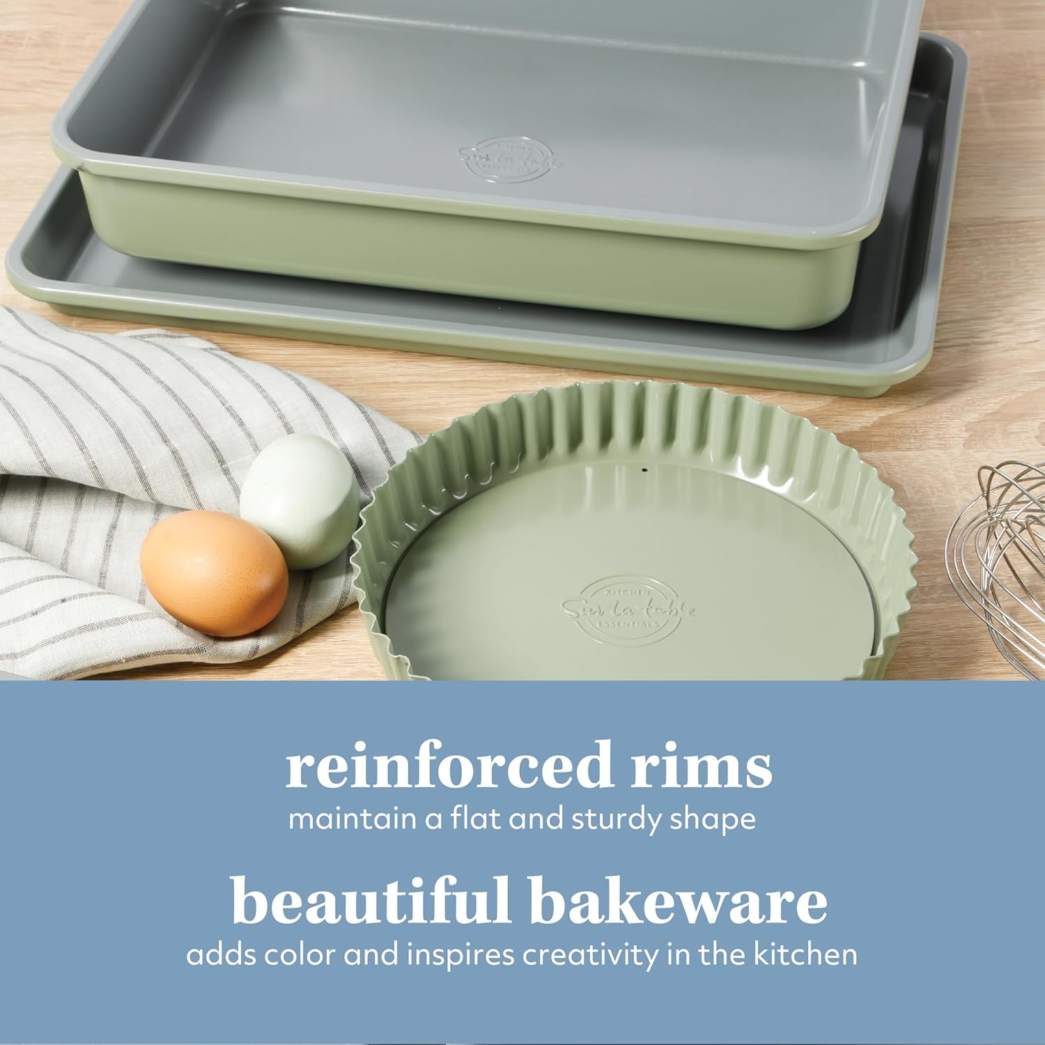 image:imageSur La Table Kitchen Essential Carbon Steel Baking Pans Bakeware Set WPremium PFOA PFAS PTFE Free Grey Nonstick Interior Black ExteriorJuniper Green