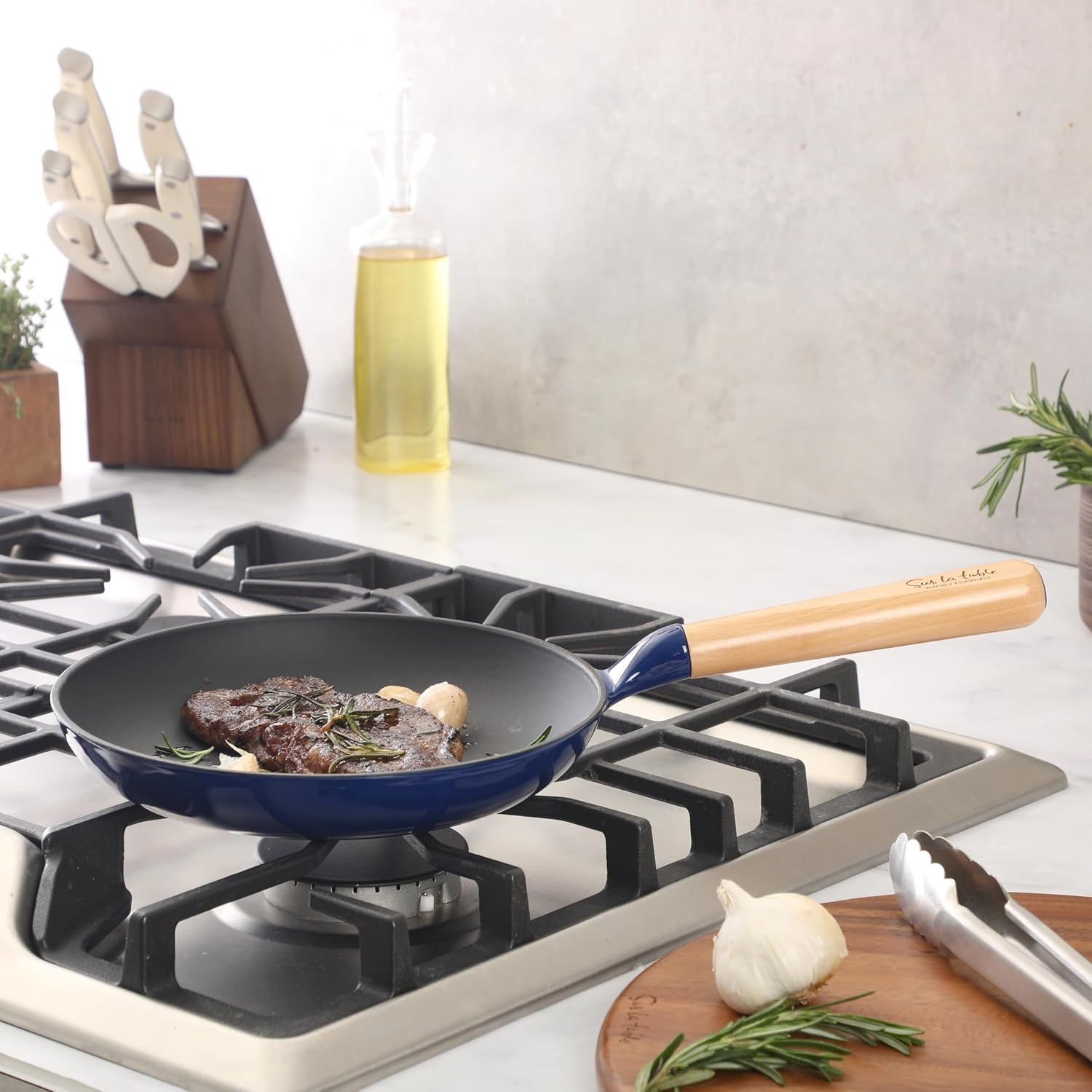 image:imageSur La Table Kitchen Essential Main Canteen 95 PreSeasoned Cast Iron Skillet wWood Handle Natural Nonstick Lightweight Frying Pan for Searing Sauting amp Everyday Cooking Juniper GreenBlue Skillet