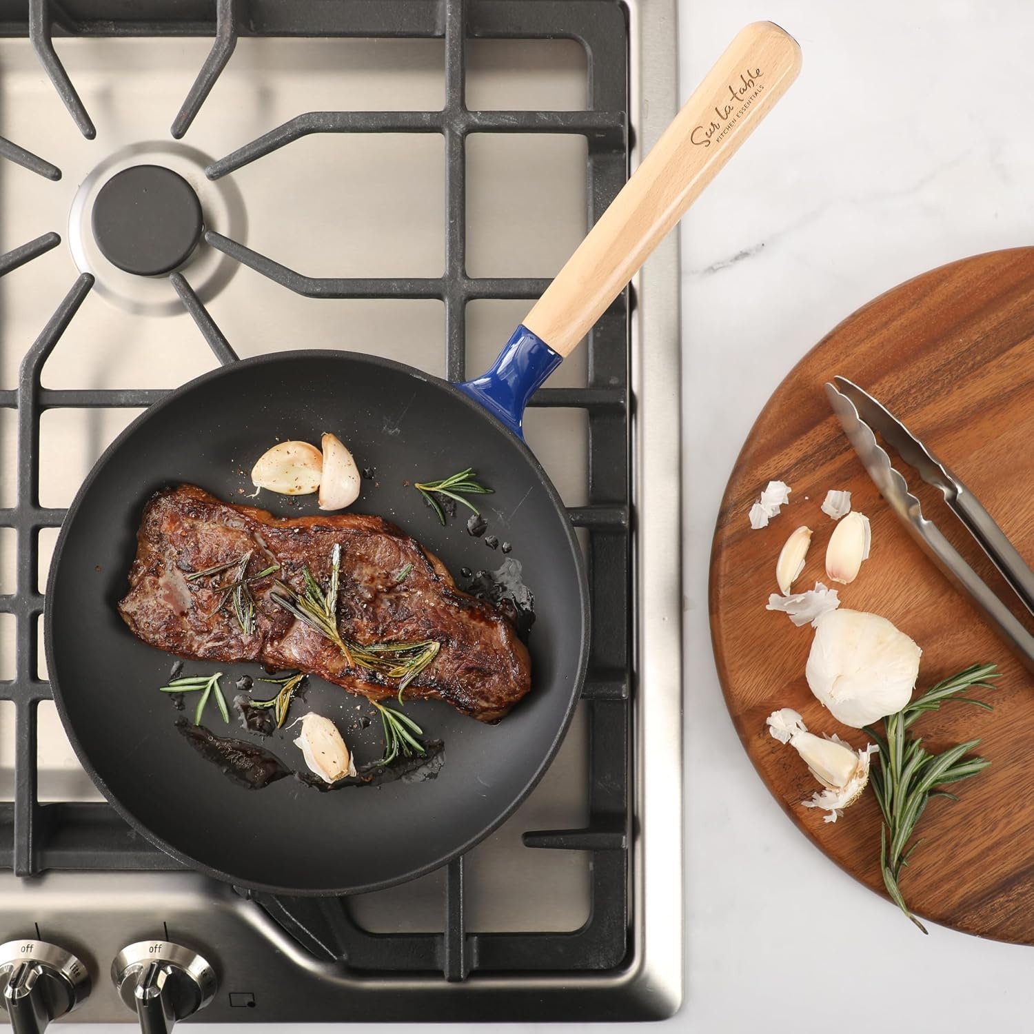 image:imageSur La Table Kitchen Essential Main Canteen 95 PreSeasoned Cast Iron Skillet wWood Handle Natural Nonstick Lightweight Frying Pan for Searing Sauting amp Everyday Cooking Juniper GreenBlue Skillet