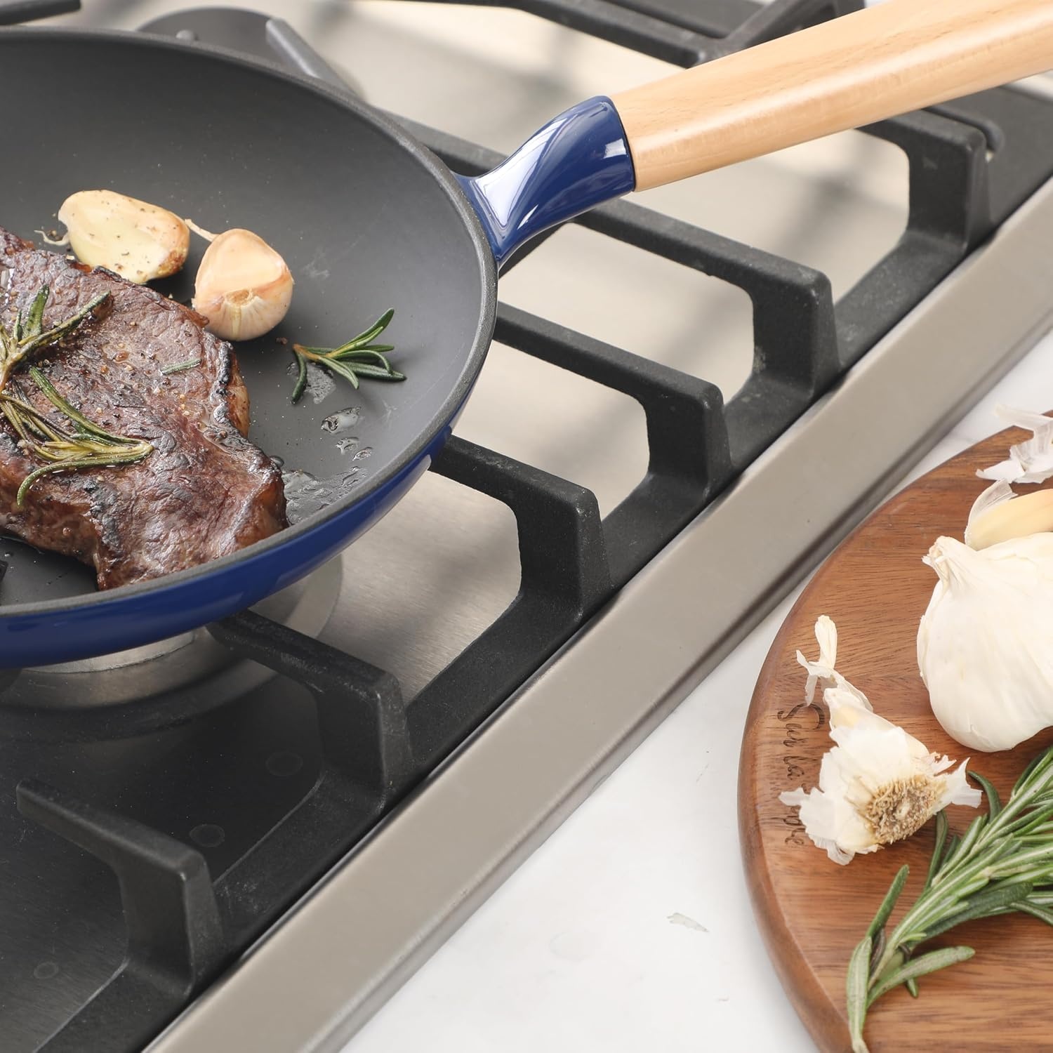 image:imageSur La Table Kitchen Essential Main Canteen 95 PreSeasoned Cast Iron Skillet wWood Handle Natural Nonstick Lightweight Frying Pan for Searing Sauting amp Everyday Cooking Juniper GreenBlue Skillet