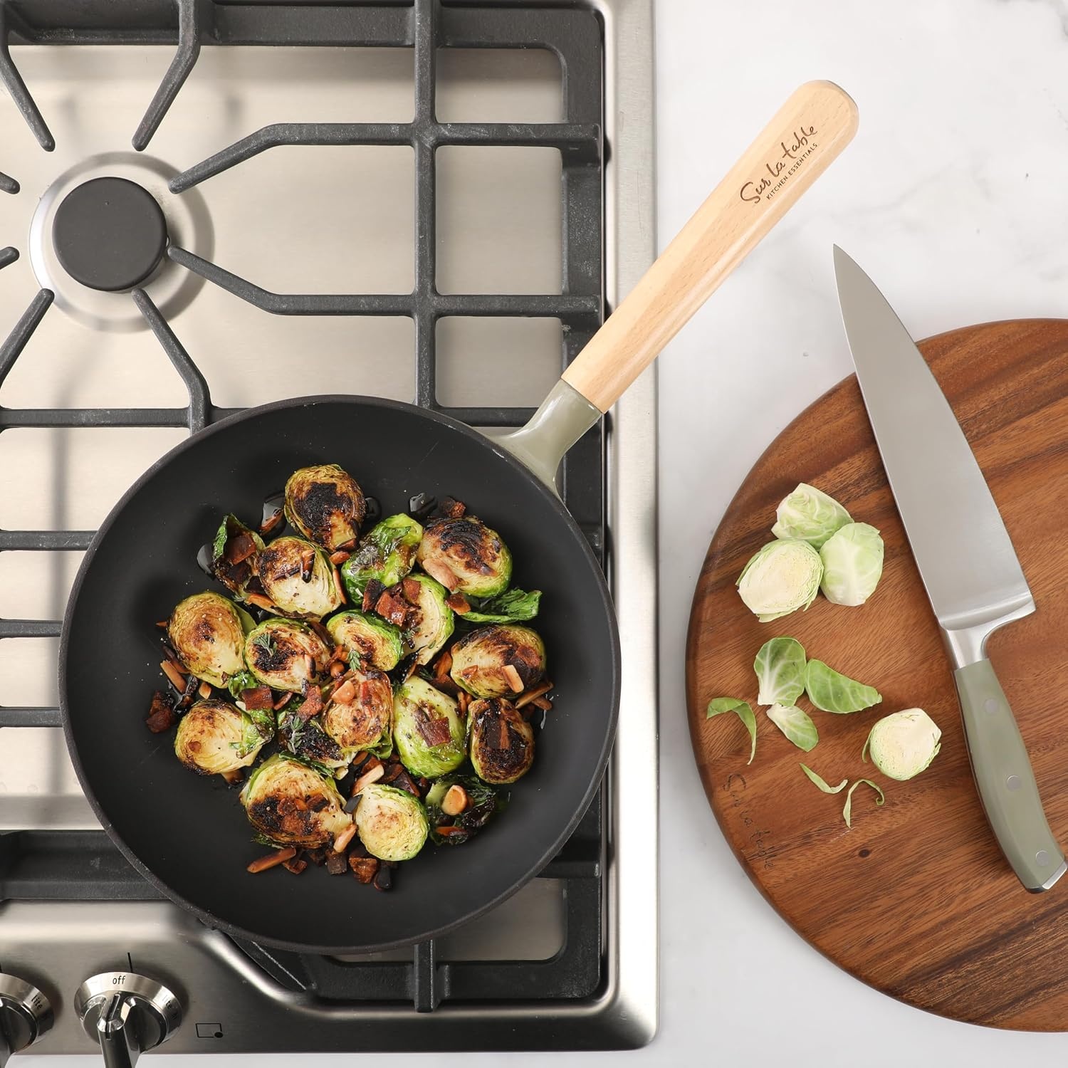 image:imageSur La Table Kitchen Essential Main Canteen 95 PreSeasoned Cast Iron Skillet wWood Handle Natural Nonstick Lightweight Frying Pan for Searing Sauting amp Everyday Cooking Juniper GreenJuniper Green Skillet