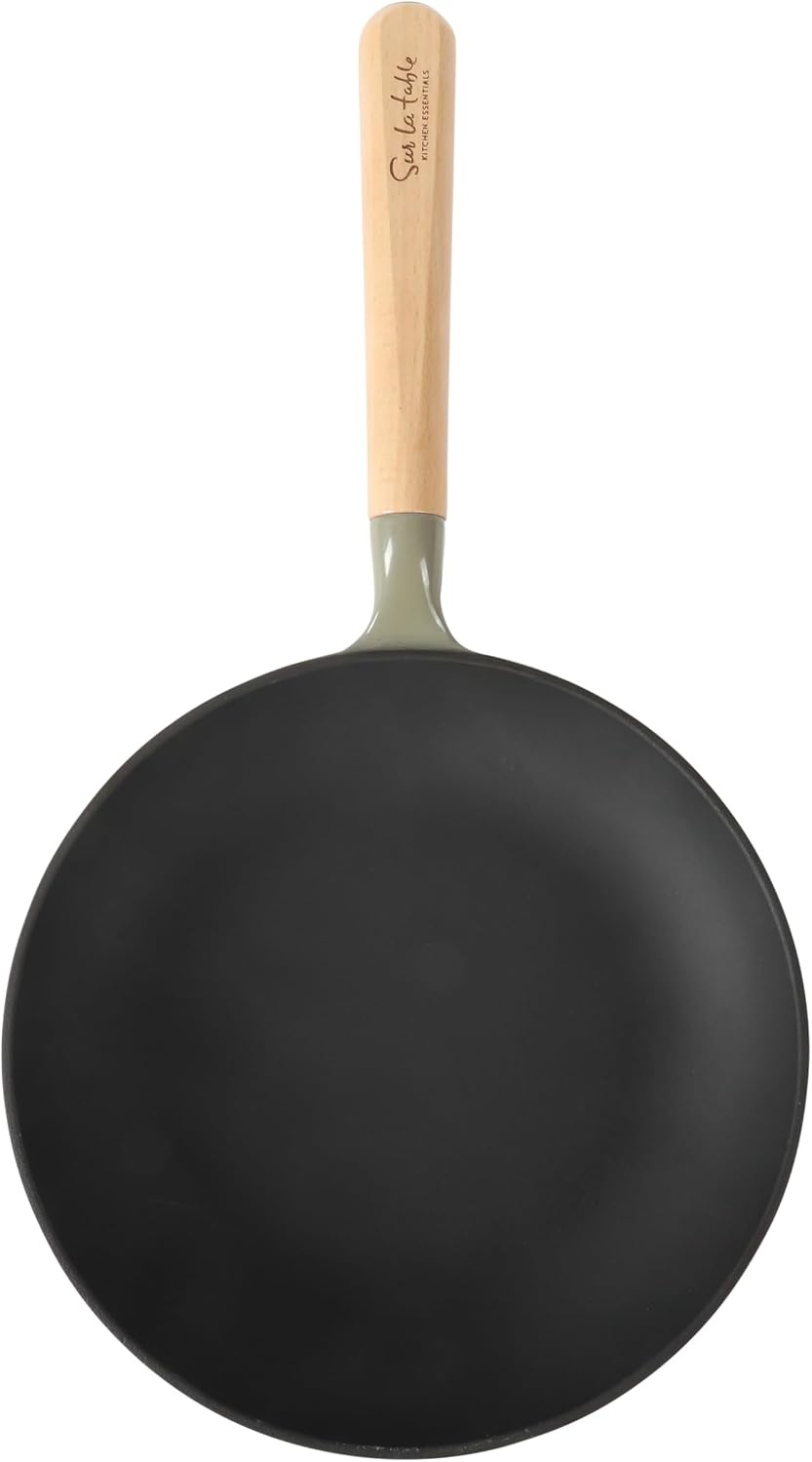 image:imageSur La Table Kitchen Essential Main Canteen 95 PreSeasoned Cast Iron Skillet wWood Handle Natural Nonstick Lightweight Frying Pan for Searing Sauting amp Everyday Cooking Juniper GreenJuniper Green Skillet