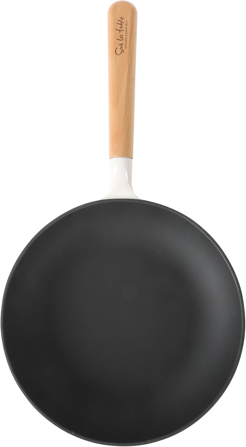 image:imageSur La Table Kitchen Essential Main Canteen 95 PreSeasoned Cast Iron Skillet wWood Handle Natural Nonstick Lightweight Frying Pan for Searing Sauting amp Everyday Cooking Juniper GreenEggshell White Skillet